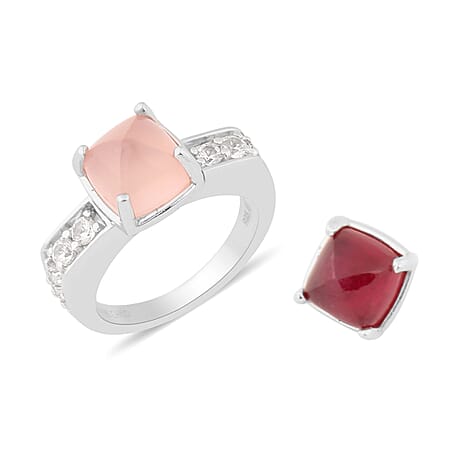 Sundays Child - African Ruby (FF) and Rose Quartz, Natural Cambodian Zircon Detachable Stone Ring in Platinum Overlay Sterling Silver 9.00 Ct.