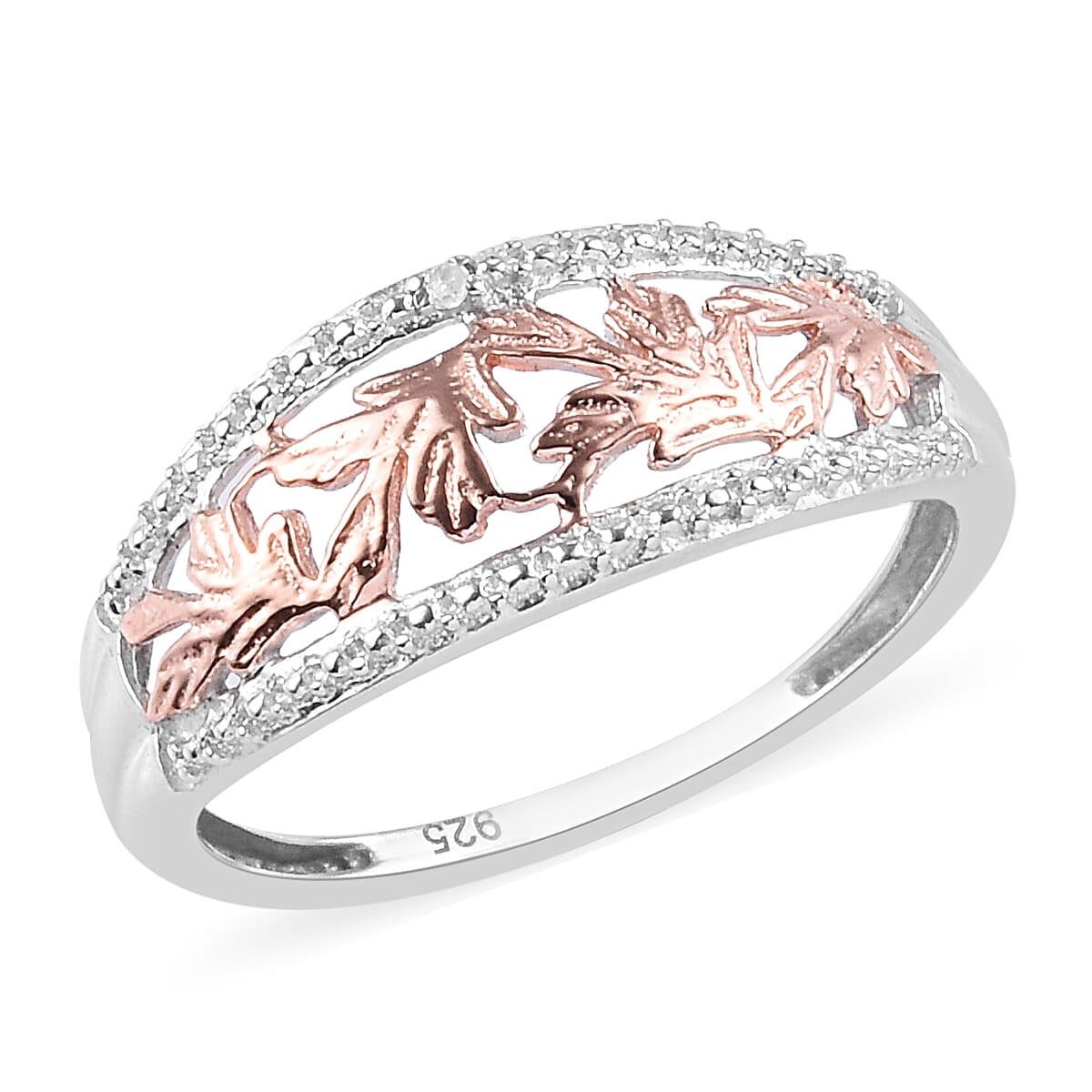 Diamond and Leaf Ring in Platinum and Rose Gold Overlay Sterling Silver