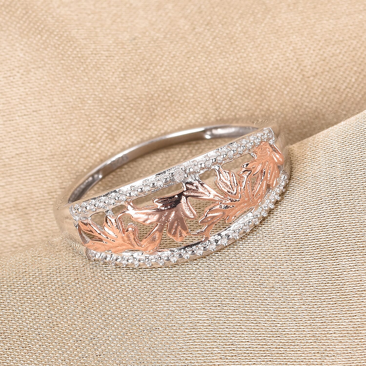 Diamond and Leaf Ring in Platinum and Rose Gold Overlay Sterling Silver
