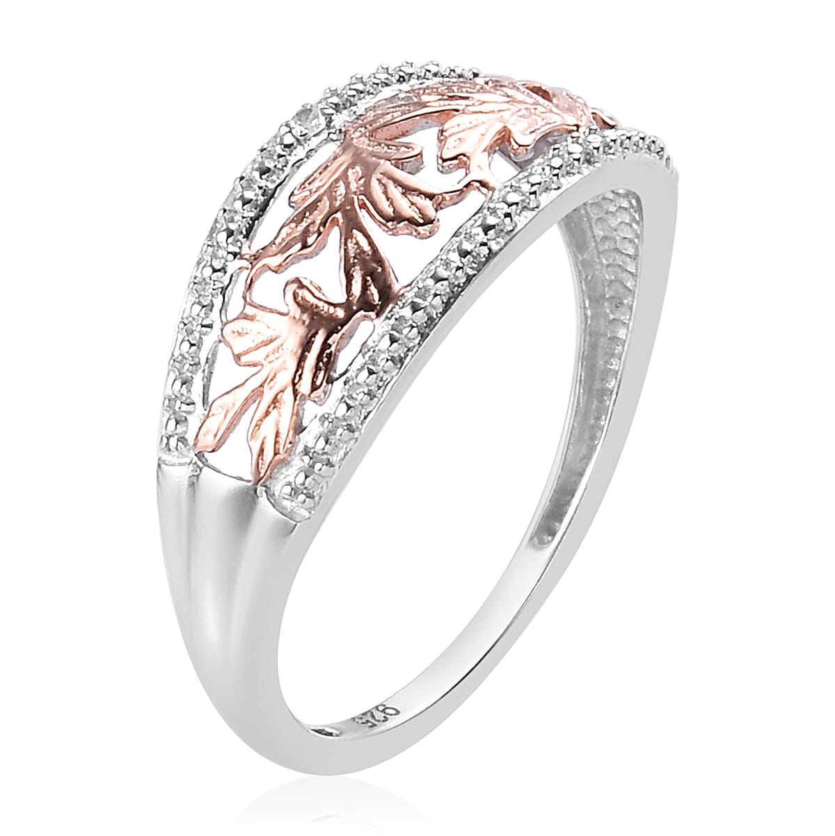 Diamond and Leaf Ring in Platinum and Rose Gold Overlay Sterling Silver