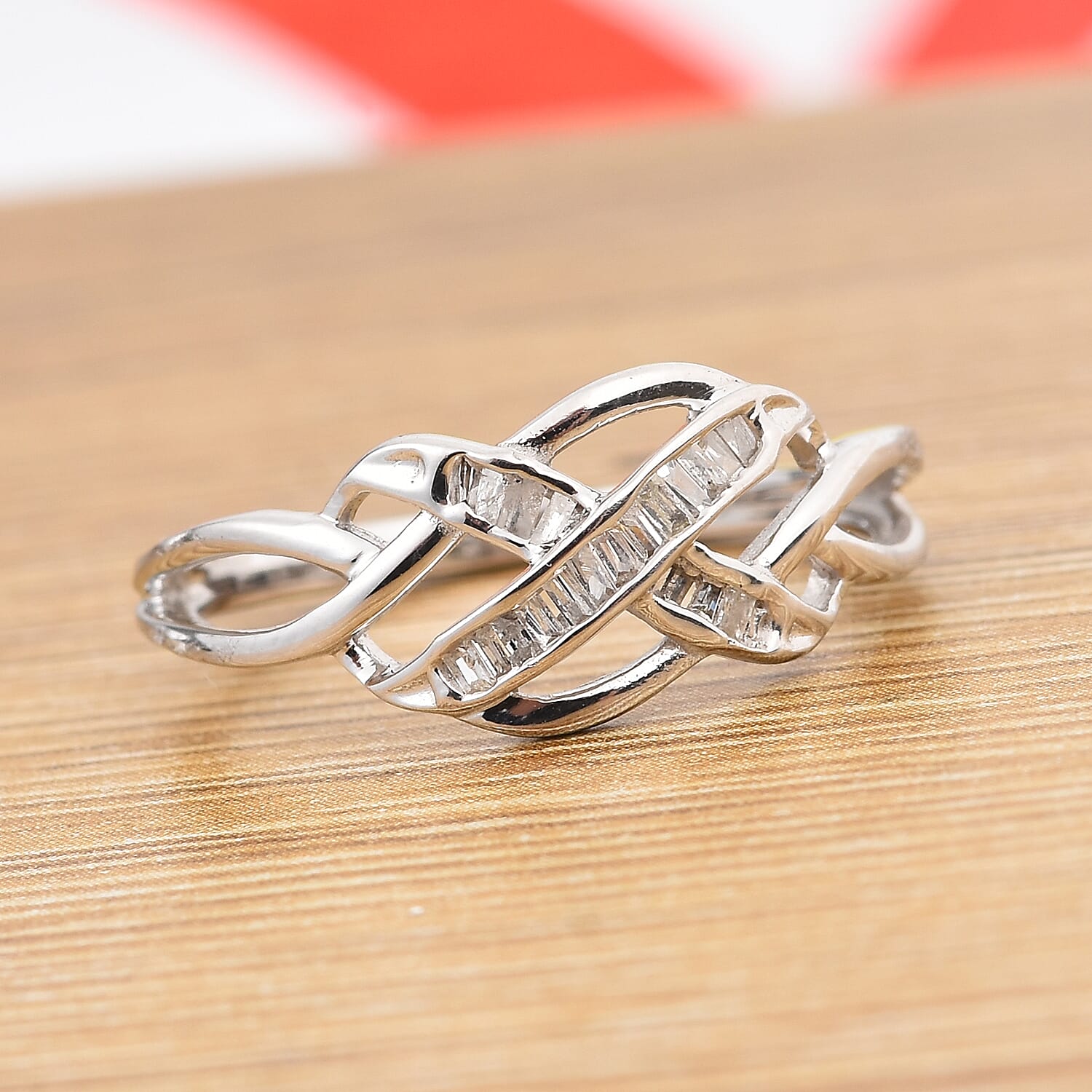 One Time Deal-Natural White Diamond Celtic Knot Ring in Platinum Overlay Sterling Silver