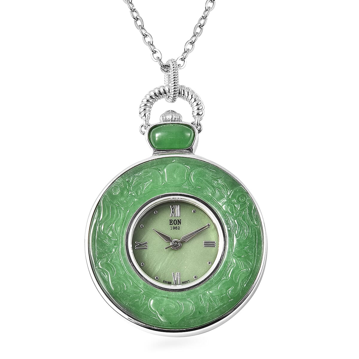 Green Jade Swiss Movement Watch with Chain (Size 32) in Rhodium Overlay Sterling Silver and Stainless Steel 62.00 Ct, Silver wt. 21.00 Gms