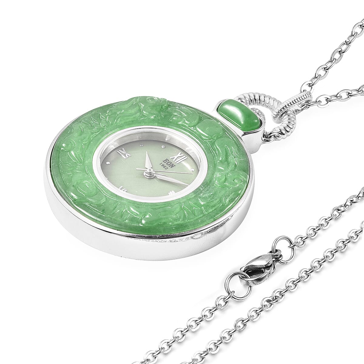 Green Jade Swiss Movement Watch with Chain (Size 32) in Rhodium Overlay Sterling Silver and Stainless Steel 62.00 Ct, Silver wt. 21.00 Gms