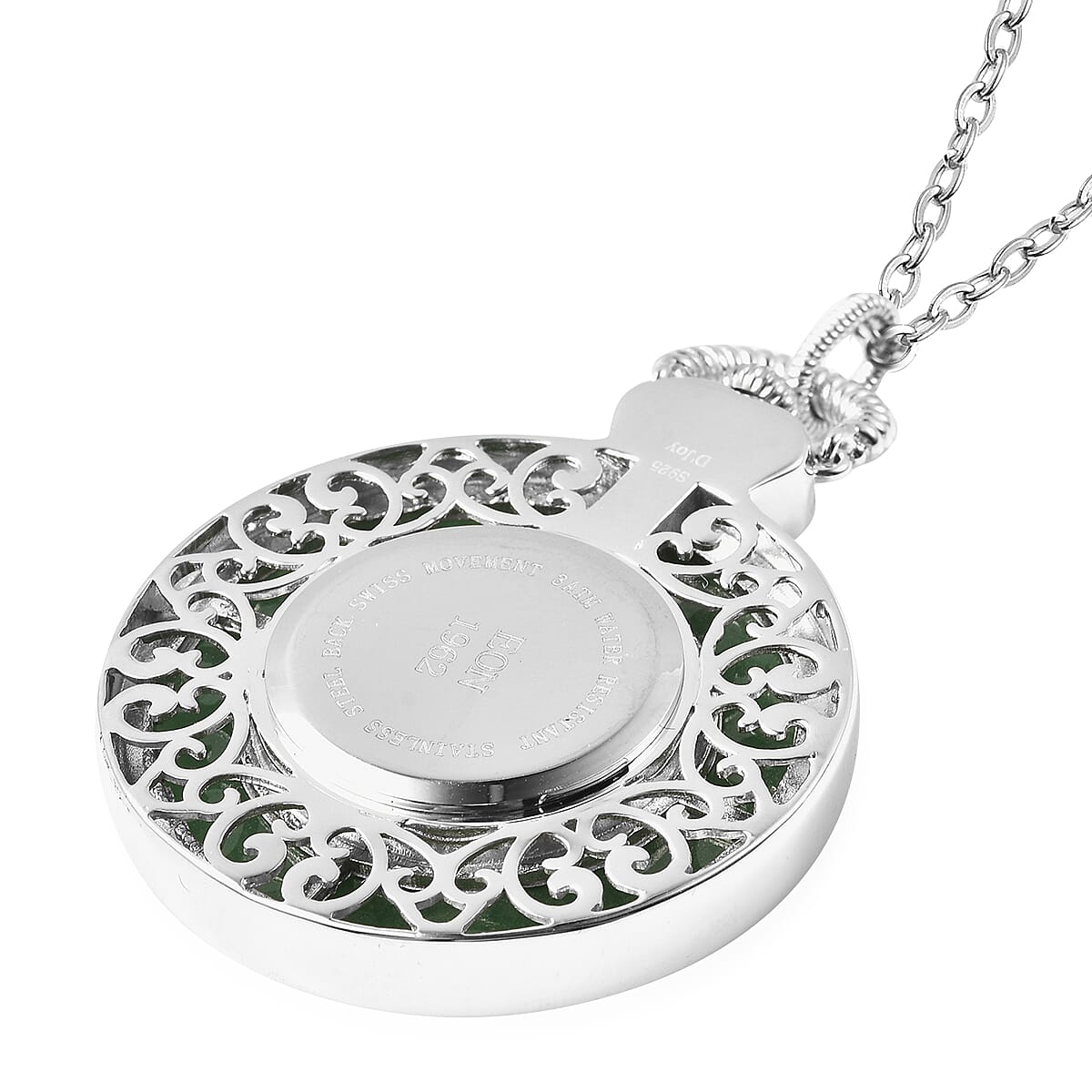 Green Jade Swiss Movement Watch with Chain (Size 32) in Rhodium Overlay Sterling Silver and Stainless Steel 62.00 Ct, Silver wt. 21.00 Gms