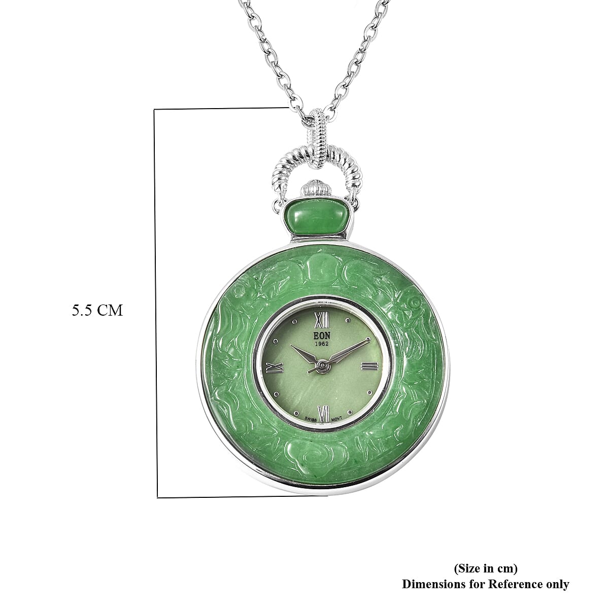 Green Jade Swiss Movement Watch with Chain (Size 32) in Rhodium Overlay Sterling Silver and Stainless Steel 62.00 Ct, Silver wt. 21.00 Gms