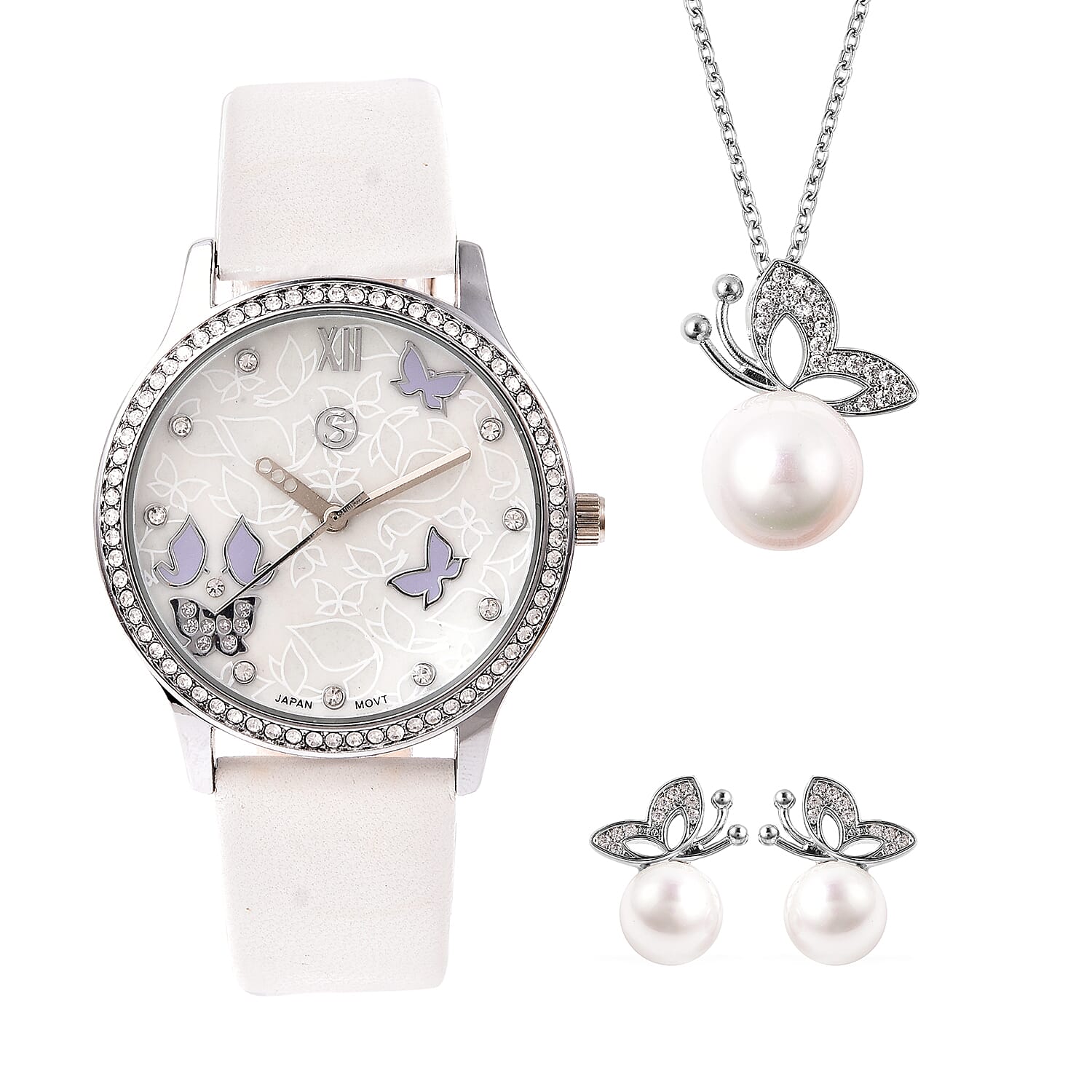 3 Piece Set - Simulated Diamond, White Shell Pearl and White Austrian Crystal Butterfly Watch with White Strap, Necklace and Earrings
