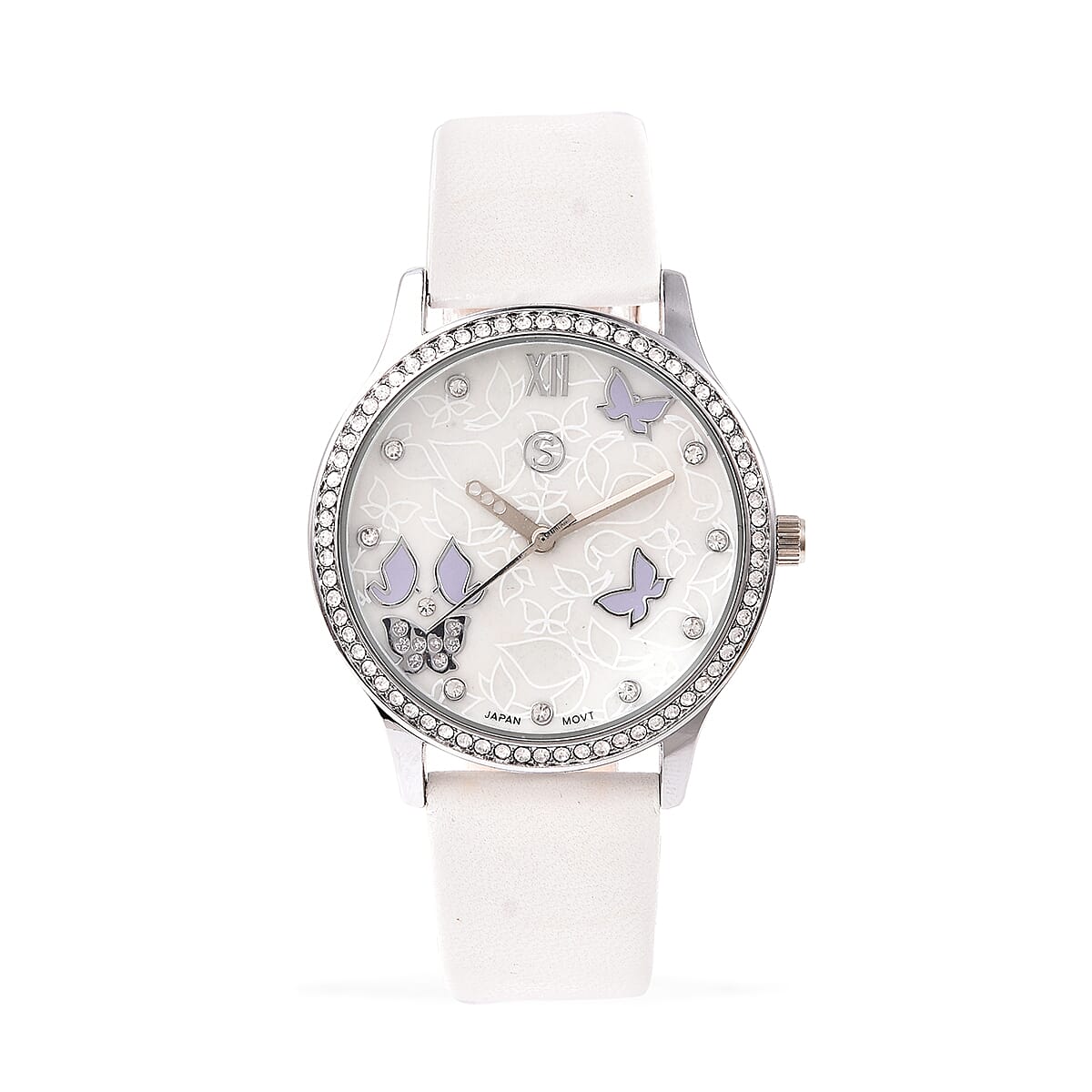 3 Piece Set - Simulated Diamond, White Shell Pearl and White Austrian Crystal Butterfly Watch with White Strap, Necklace and Earrings