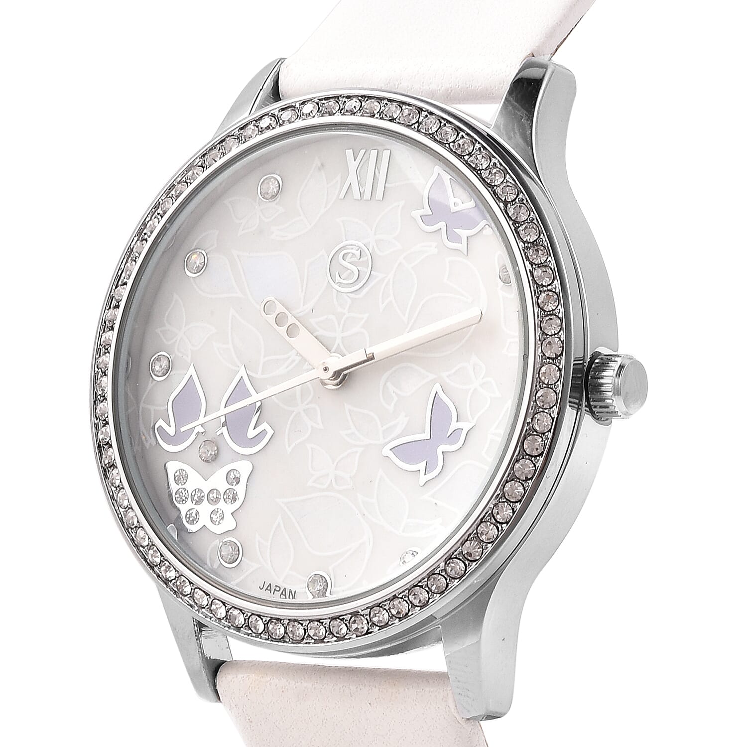 3 Piece Set - Simulated Diamond, White Shell Pearl and White Austrian Crystal Butterfly Watch with White Strap, Necklace and Earrings