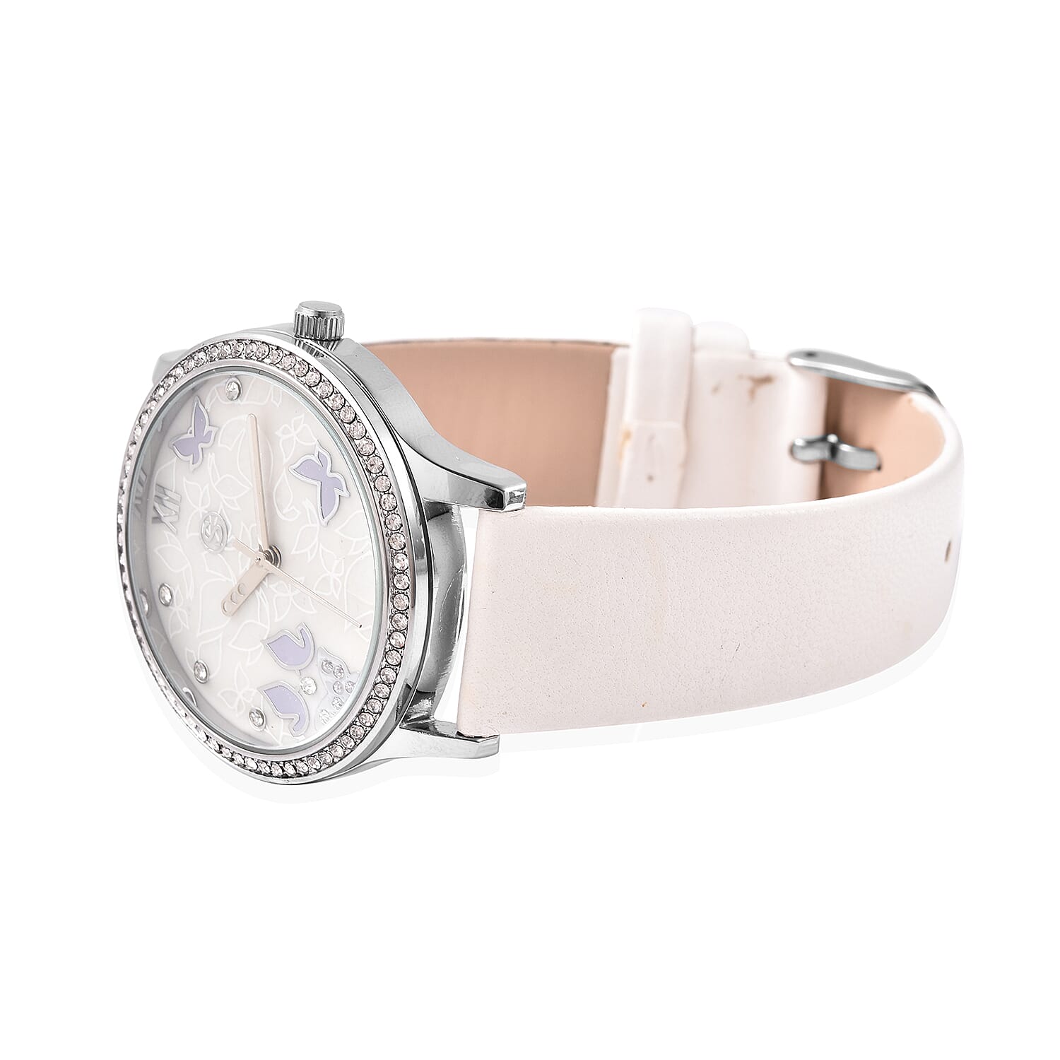 3 Piece Set - Simulated Diamond, White Shell Pearl and White Austrian Crystal Butterfly Watch with White Strap, Necklace and Earrings