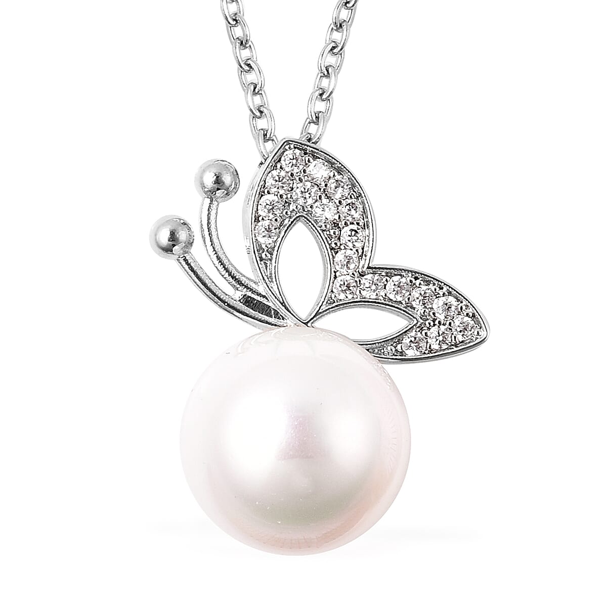 3 Piece Set - Simulated Diamond, White Shell Pearl and White Austrian Crystal Butterfly Watch with White Strap, Necklace and Earrings