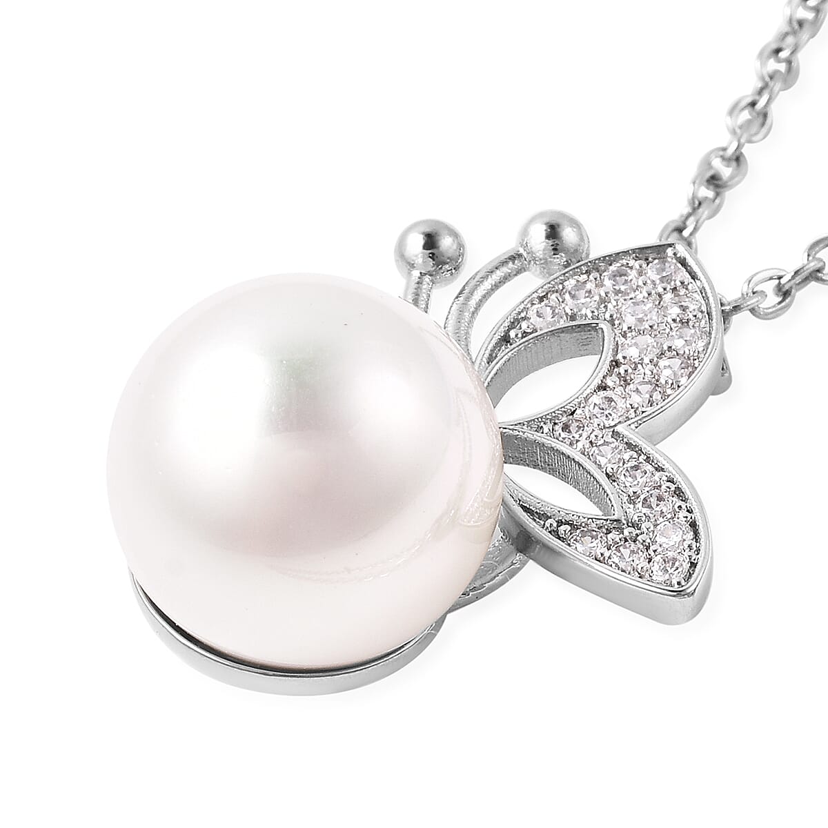 3 Piece Set - Simulated Diamond, White Shell Pearl and White Austrian Crystal Butterfly Watch with White Strap, Necklace and Earrings