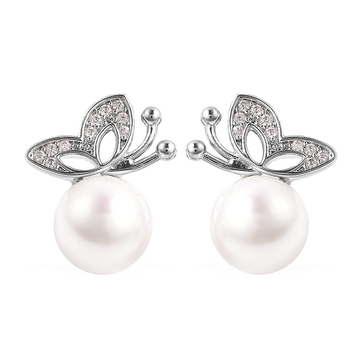 3 Piece Set - Simulated Diamond, White Shell Pearl and White Austrian Crystal Butterfly Watch with White Strap, Necklace and Earrings