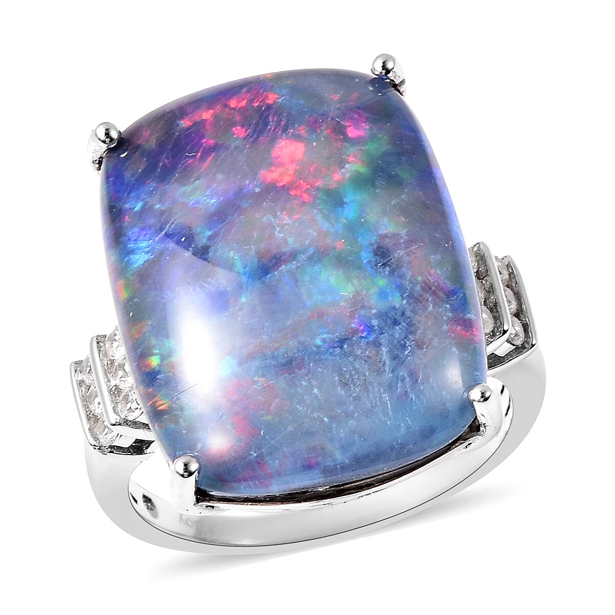 Collectors Edition Australian Boulder Opal (20x15mm), Natural Cambodian Zircon Ring in Rhodium Overlay Sterling Silver