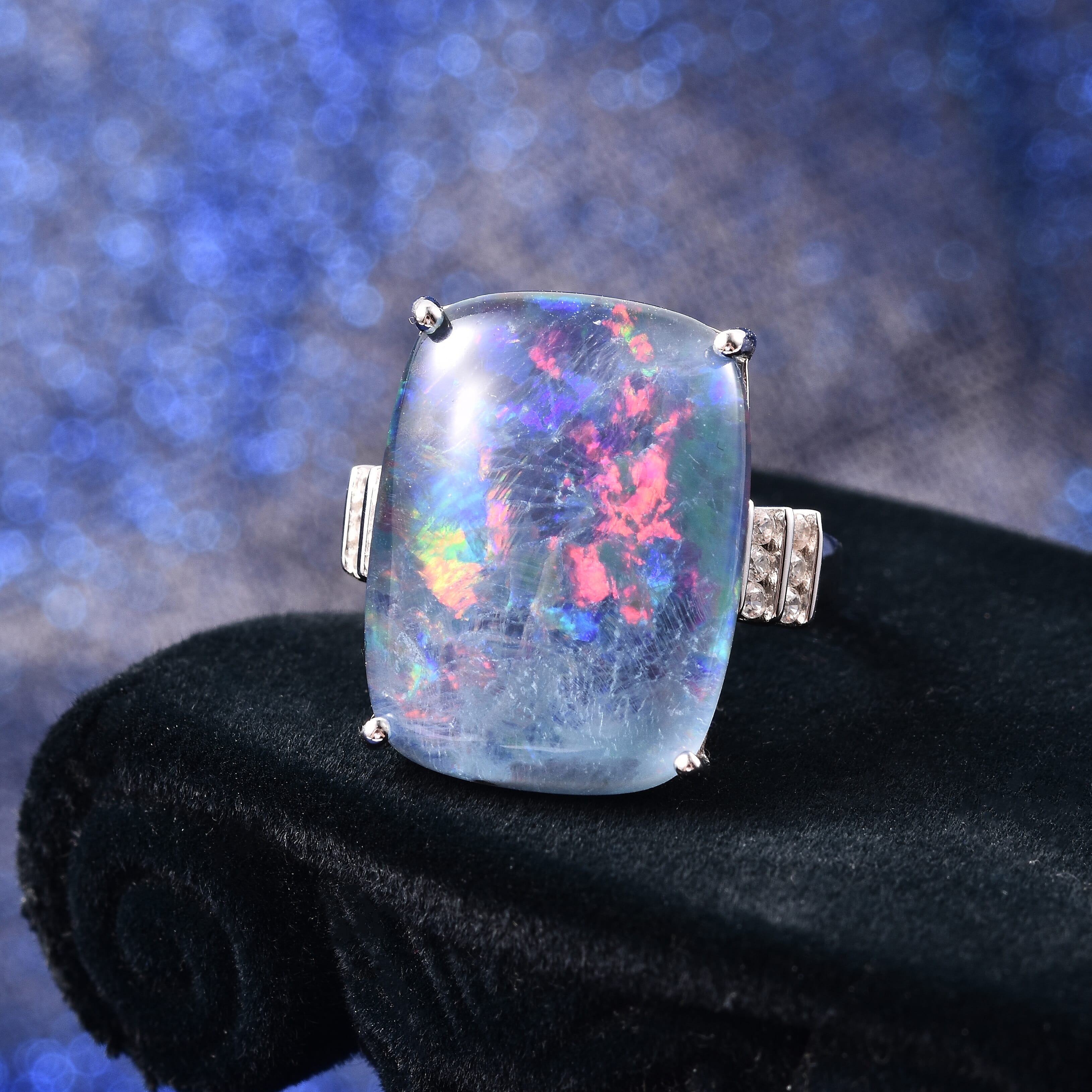 Collectors Edition Australian Boulder Opal (20x15mm), Natural Cambodian Zircon Ring in Rhodium Overlay Sterling Silver