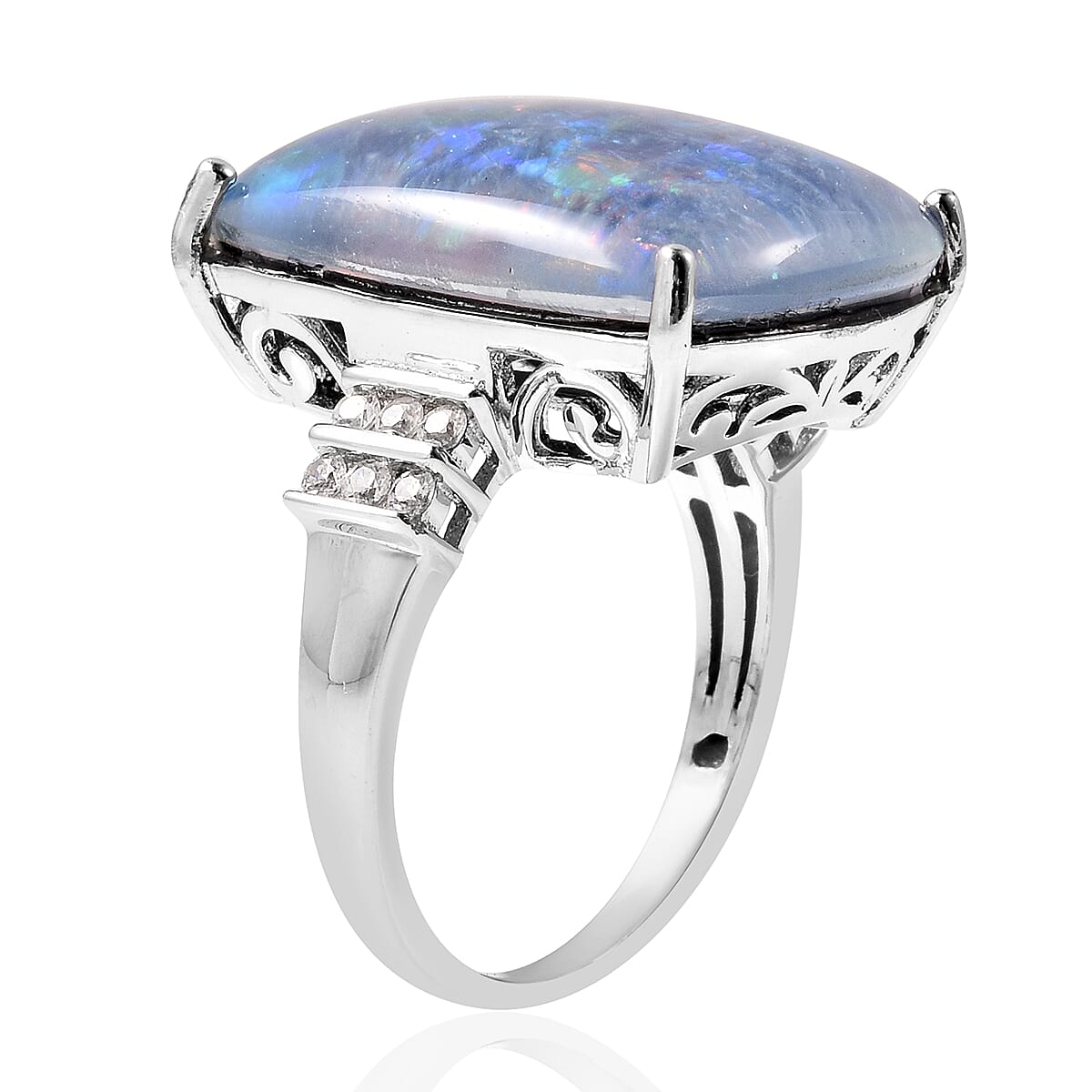 Collectors Edition Australian Boulder Opal (20x15mm), Natural Cambodian Zircon Ring in Rhodium Overlay Sterling Silver