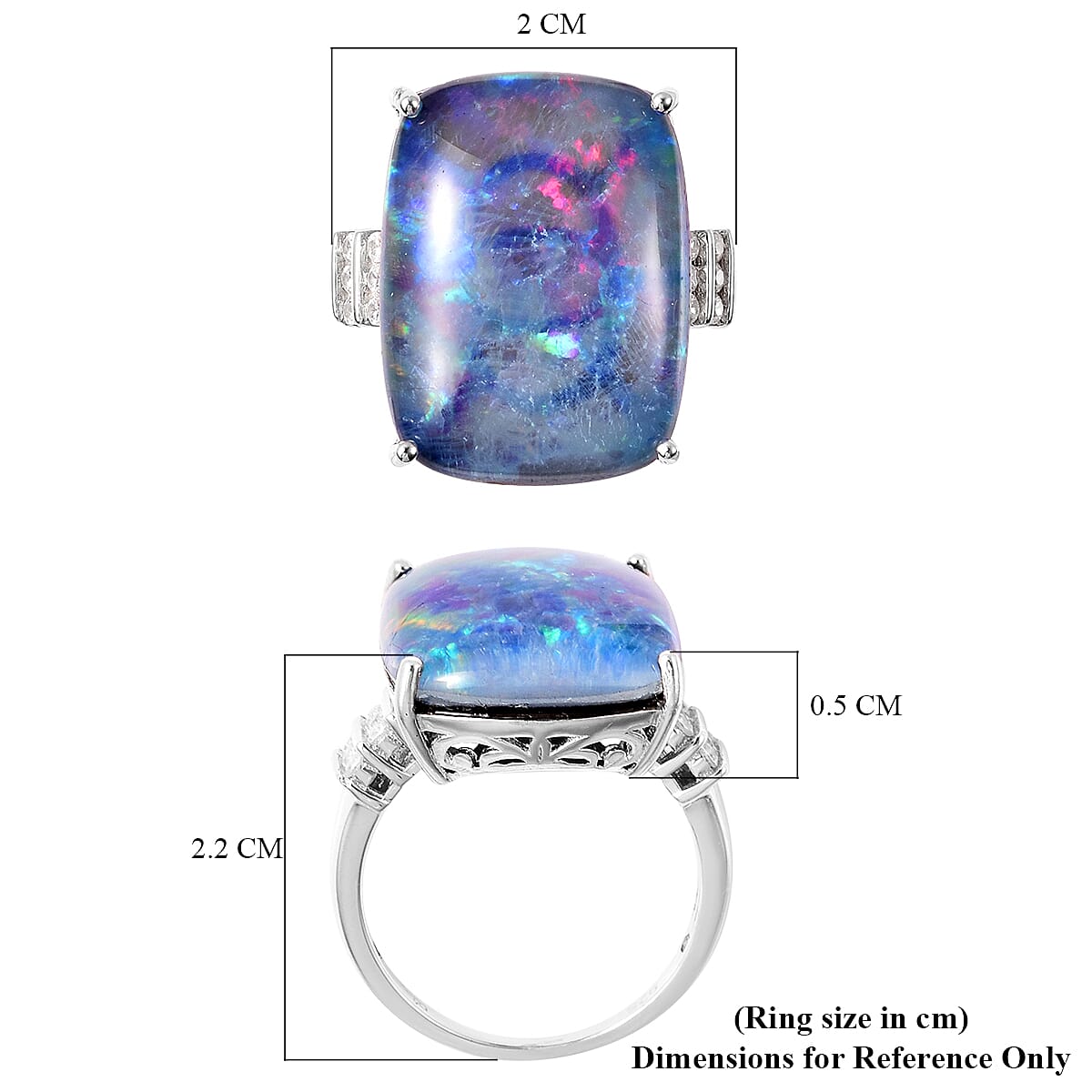 Collectors Edition Australian Boulder Opal (20x15mm), Natural Cambodian Zircon Ring in Rhodium Overlay Sterling Silver