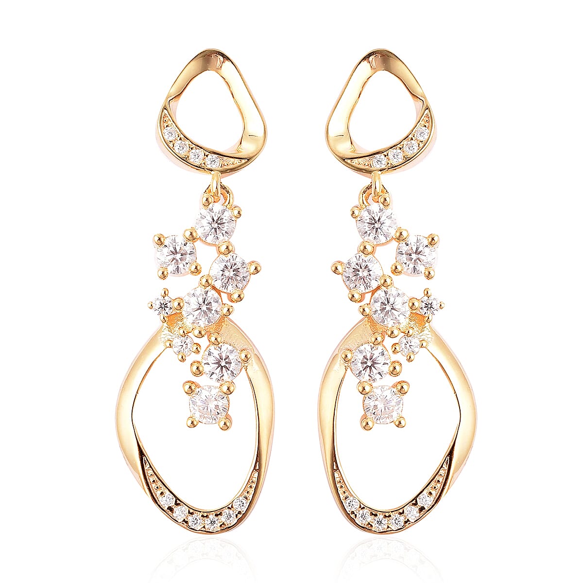 LucyQ Fluid Collection - White Moissanite Dangle Earrings (with Push Back) in Yellow Gold Overlay Sterling Silver