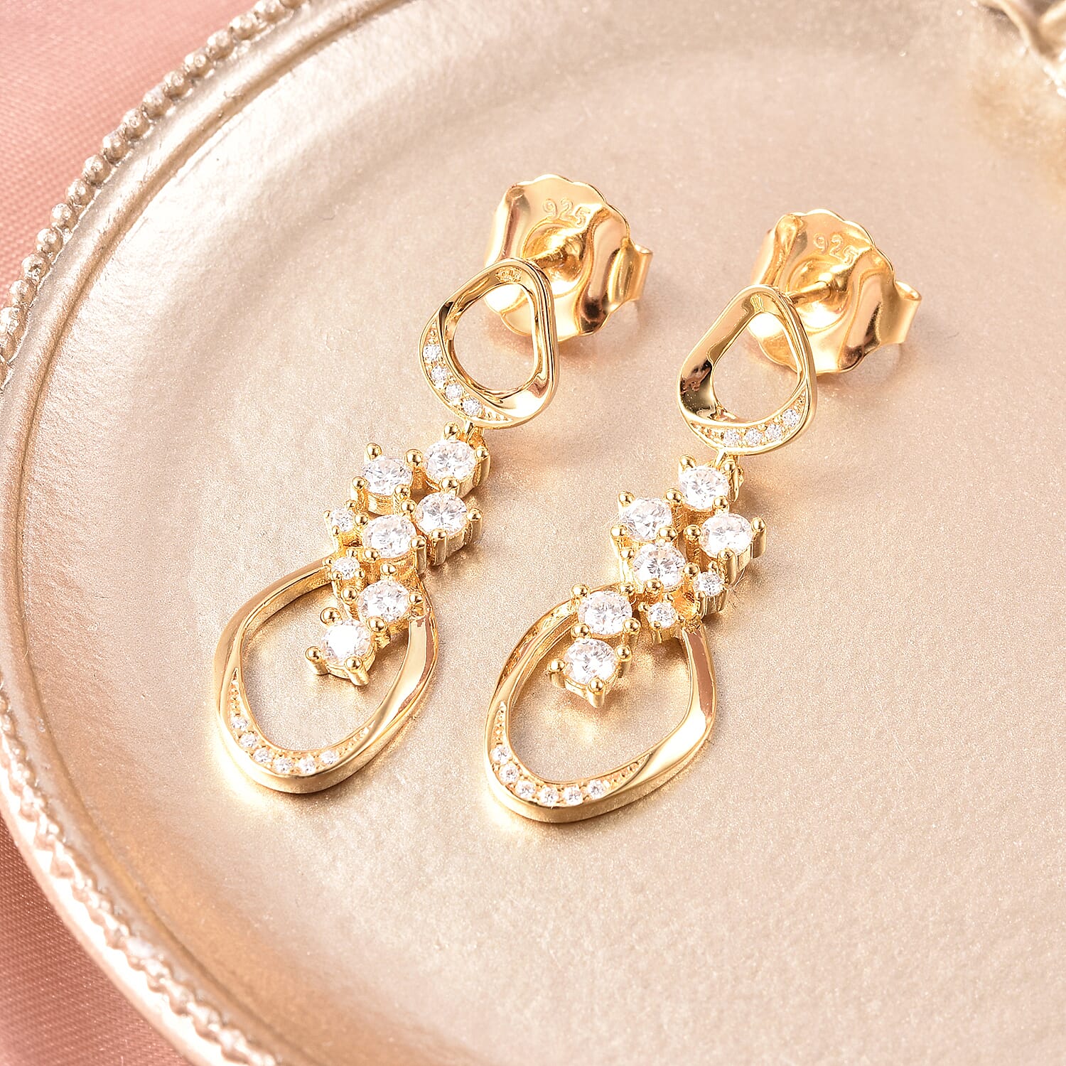 LucyQ Fluid Collection - White Moissanite Dangle Earrings (with Push Back) in Yellow Gold Overlay Sterling Silver