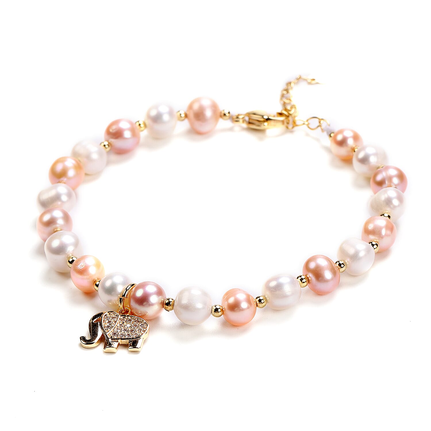 Multi Colour Freshwater Pearl and Simulated Diamond Elephant Charm Bracelet (Size 7.5 with 1.5 inch Extender) in Yellow Gold Tone