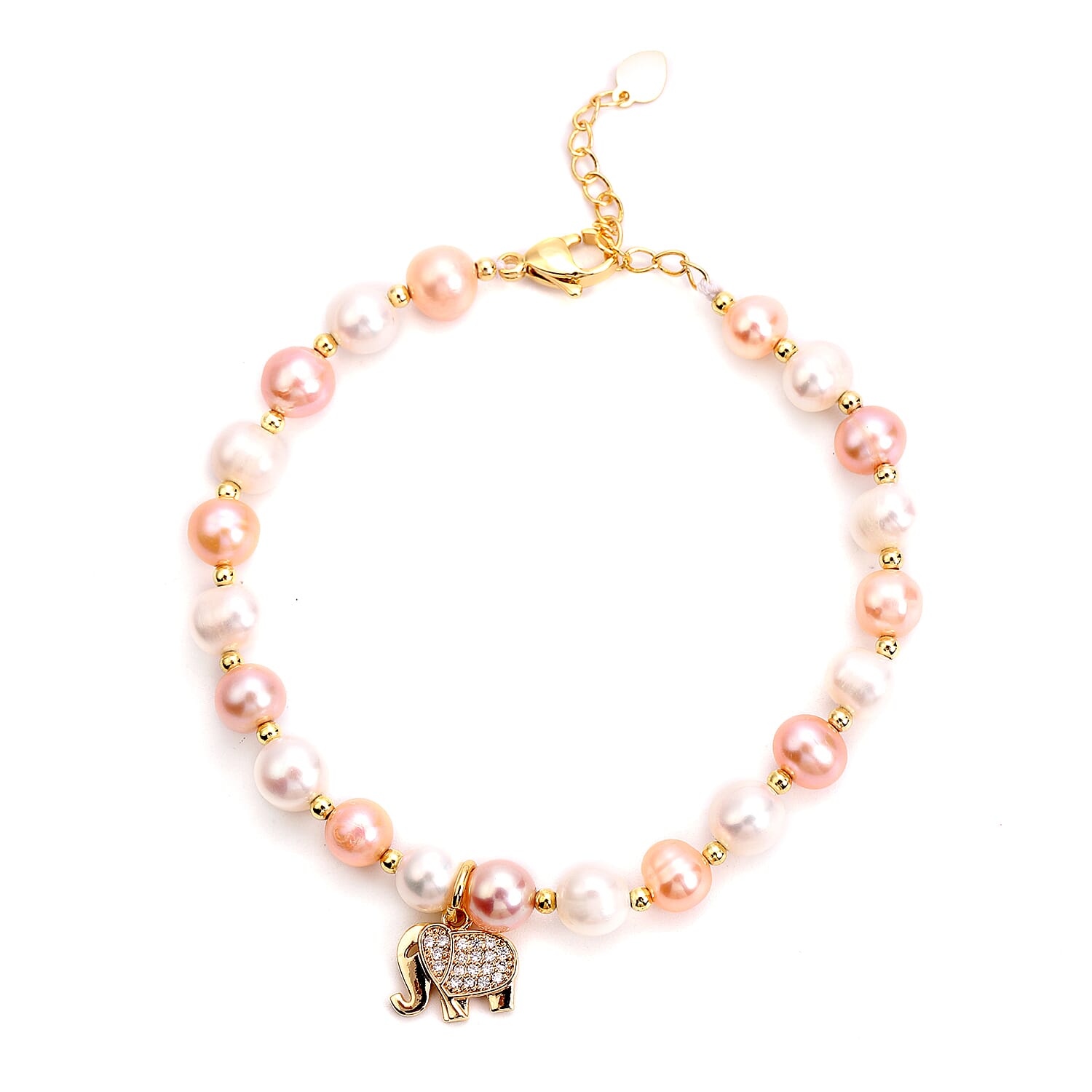 Multi Colour Freshwater Pearl and Simulated Diamond Elephant Charm Bracelet (Size 7.5 with 1.5 inch Extender) in Yellow Gold Tone