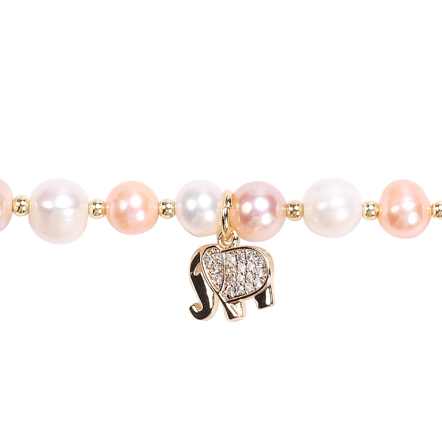 Multi Colour Freshwater Pearl and Simulated Diamond Elephant Charm Bracelet (Size 7.5 with 1.5 inch Extender) in Yellow Gold Tone