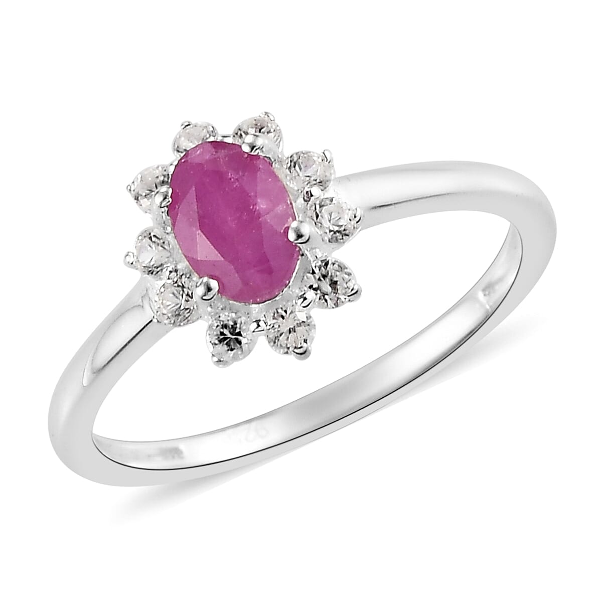 Ruby and Natural Cambodian Zircon Halo Ring in Sterling Silver