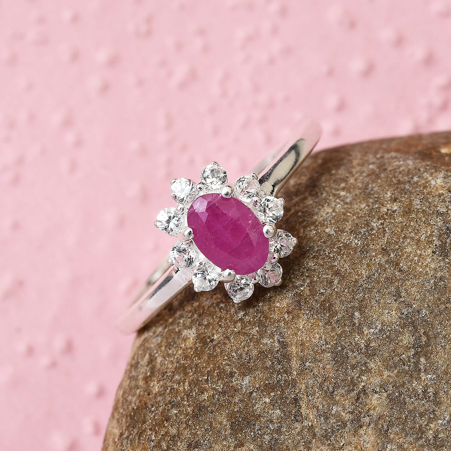 Ruby and Natural Cambodian Zircon Halo Ring in Sterling Silver