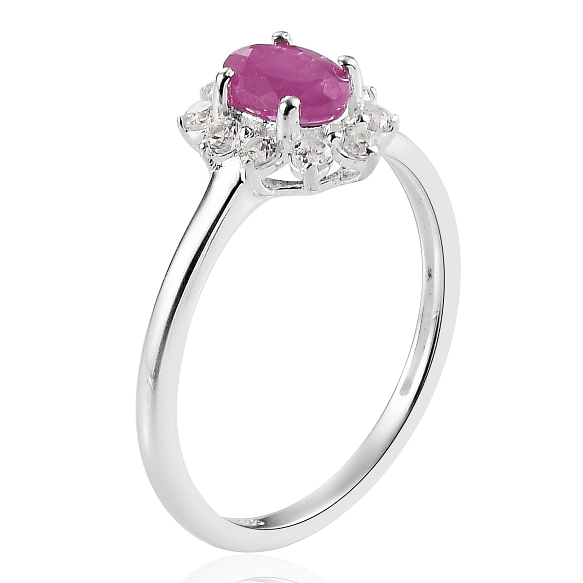 Ruby and Natural Cambodian Zircon Halo Ring in Sterling Silver