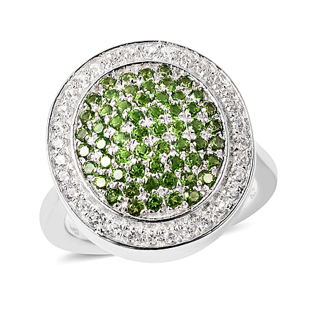 1.66 Ct. Chrome Diopside and Natural Cambodian Zircon Ring in Rhodium Plated Sterling Silver
