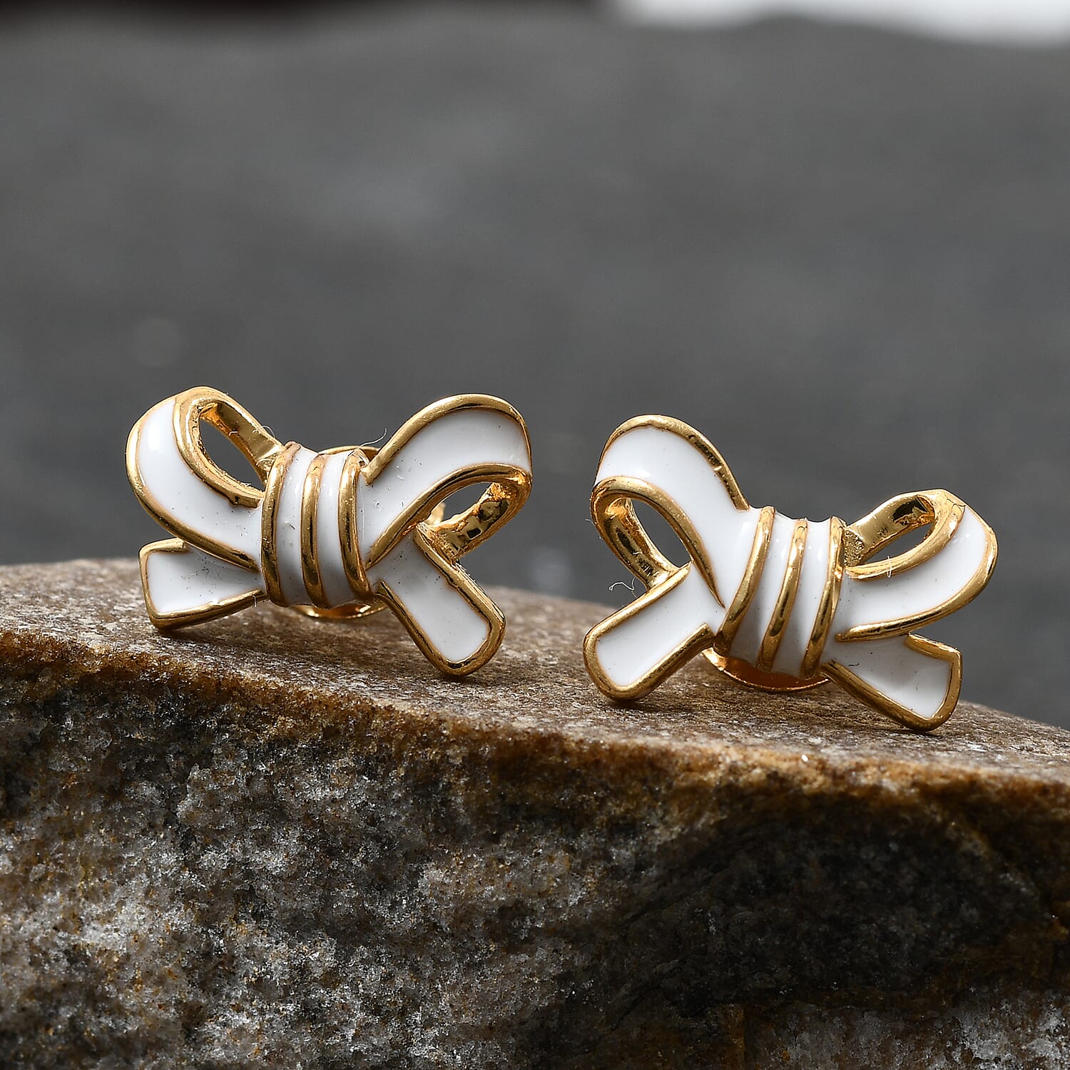 14K Gold Overlay Sterling Silver Bow Enamelled Stud Earrings (with Push Back)