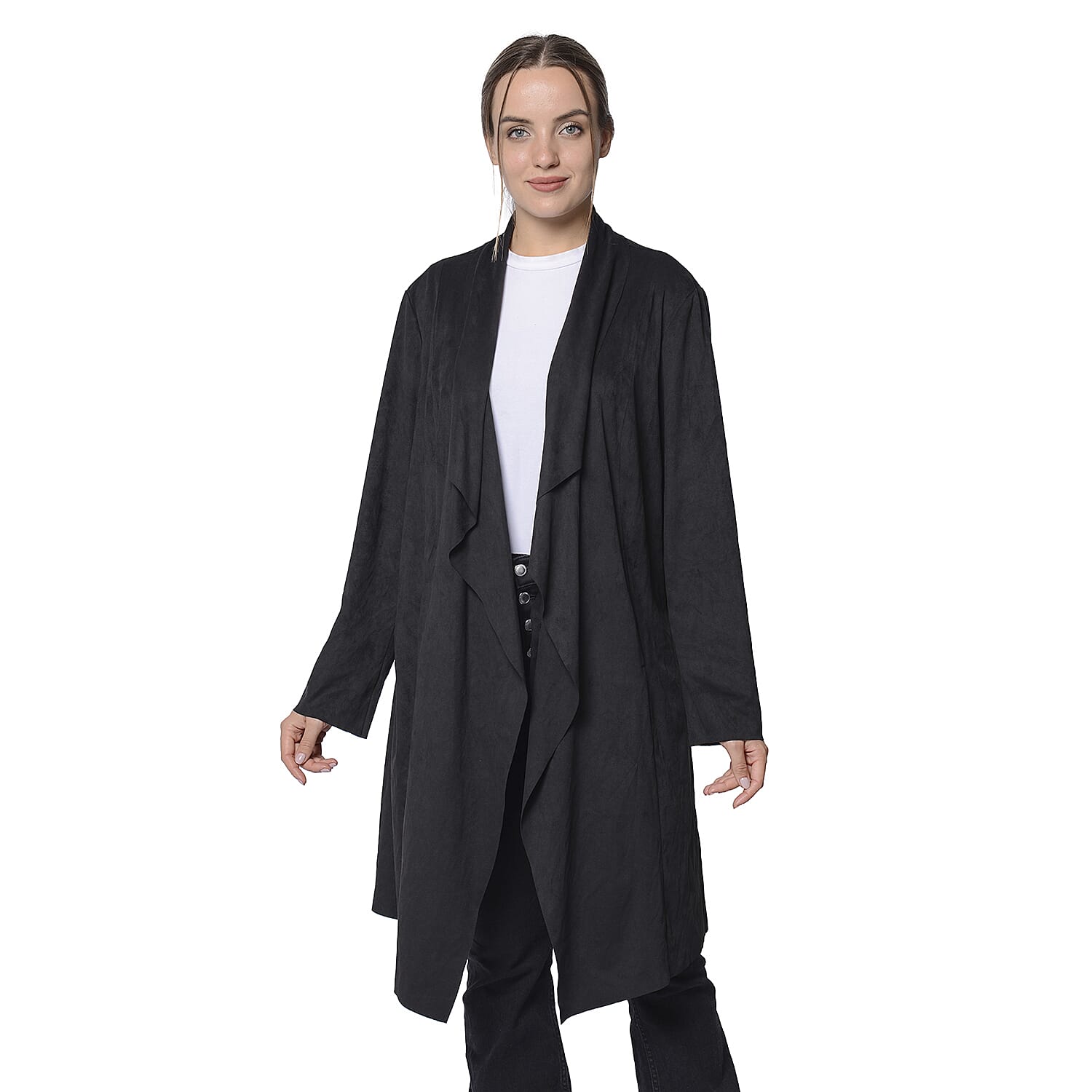 LA MAREY Super Soft Faux Suede Long Waterfall Cardigan in Black Colour (Size XXL, 22-24)