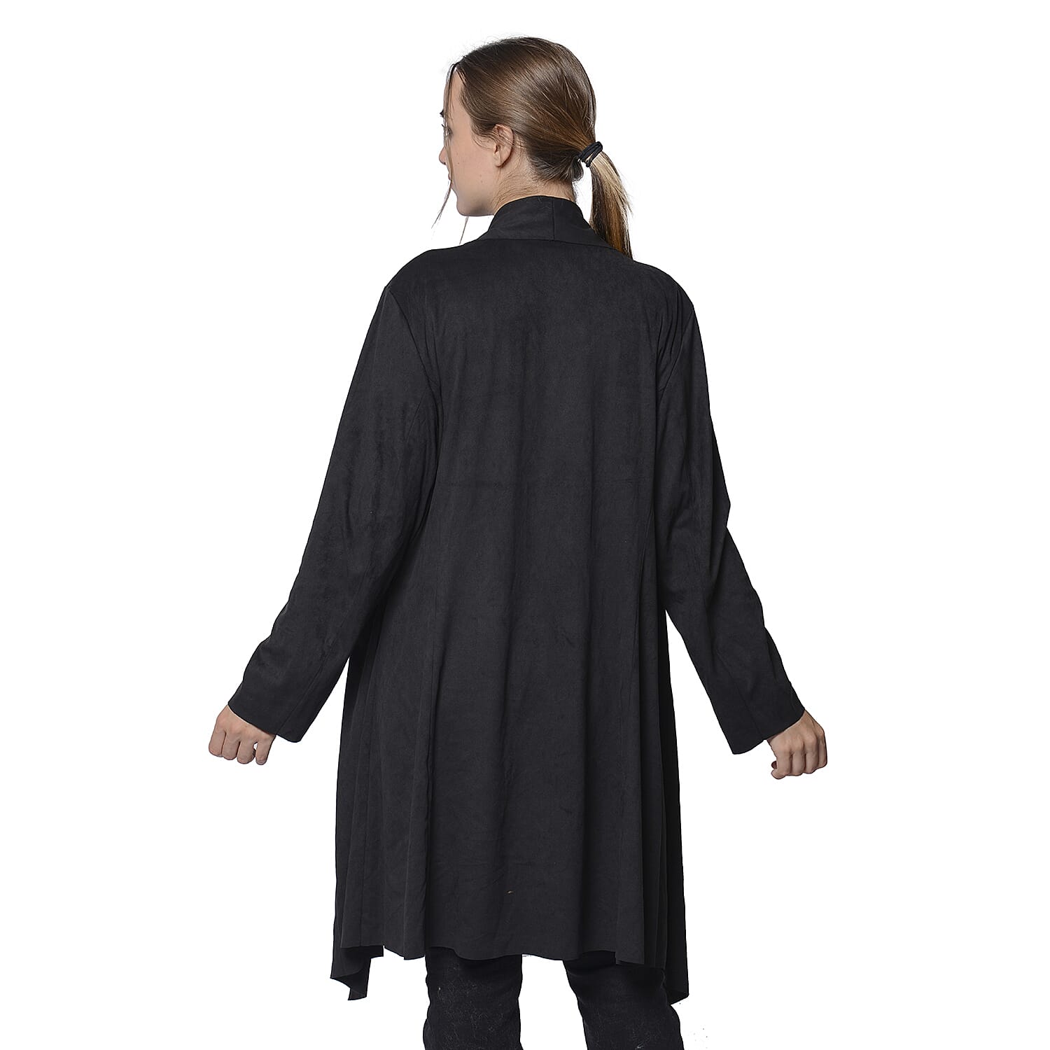 LA MAREY Super Soft Faux Suede Long Waterfall Cardigan in Black Colour (Size XXL, 22-24)