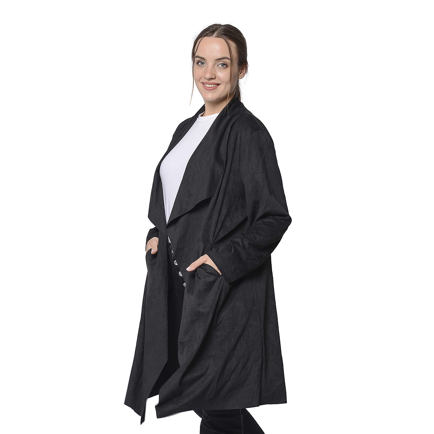 LA MAREY Super Soft Faux Suede Long Waterfall Cardigan in Black Colour (Size XXL, 22-24)