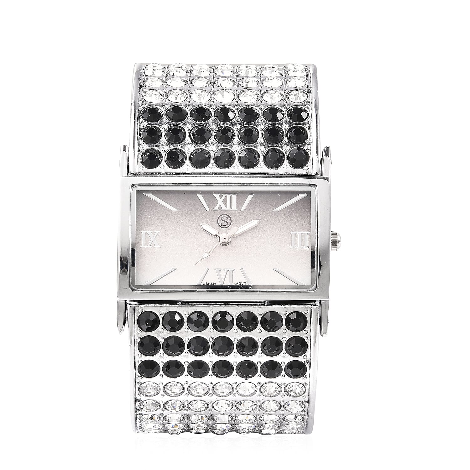 STRADA Japanese Movement Black and White Crystal Bangle Watch (Size 6.5-7) in Silver Tone with Black and White Gradient Dial