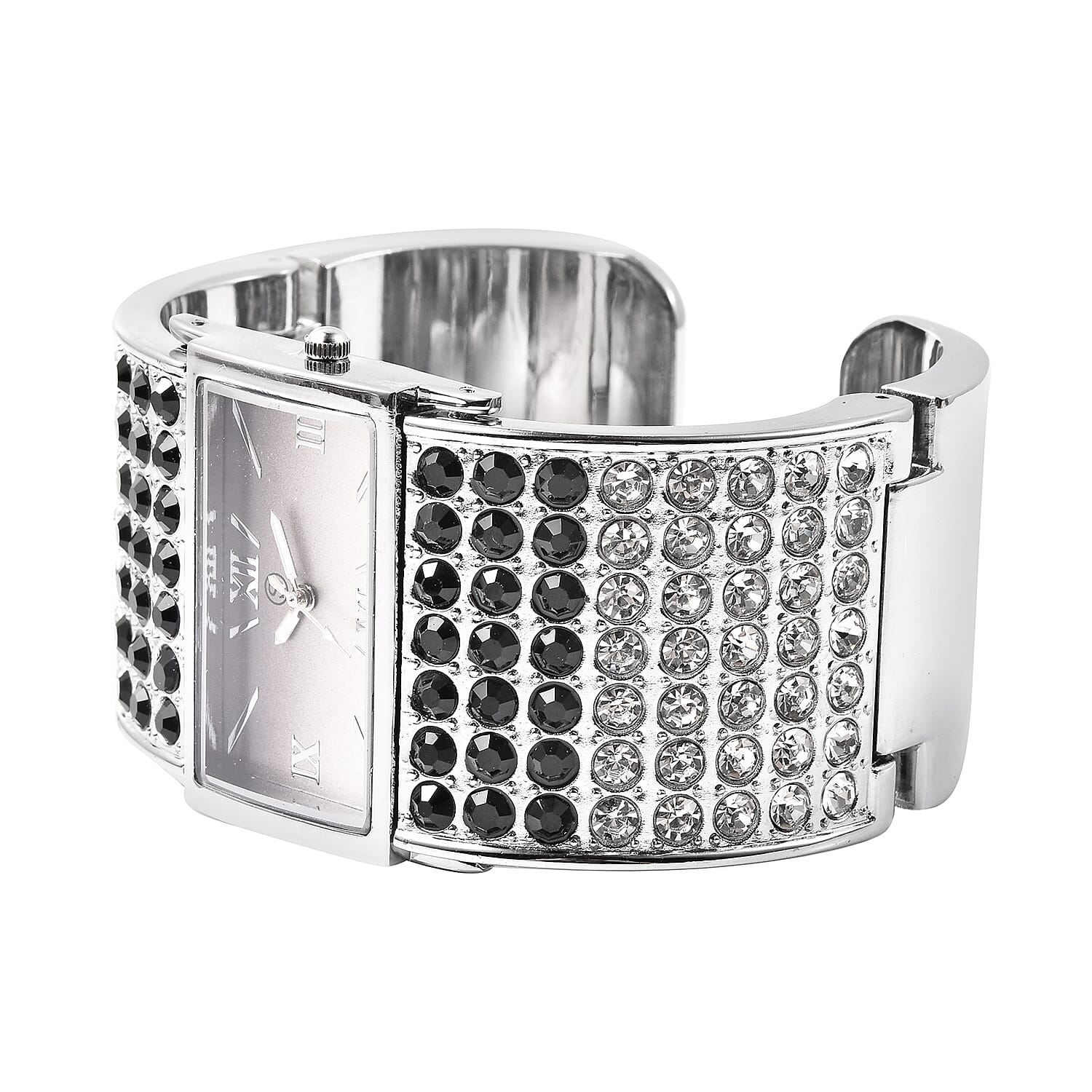 STRADA Japanese Movement Black and White Crystal Bangle Watch (Size 6.5-7) in Silver Tone with Black and White Gradient Dial