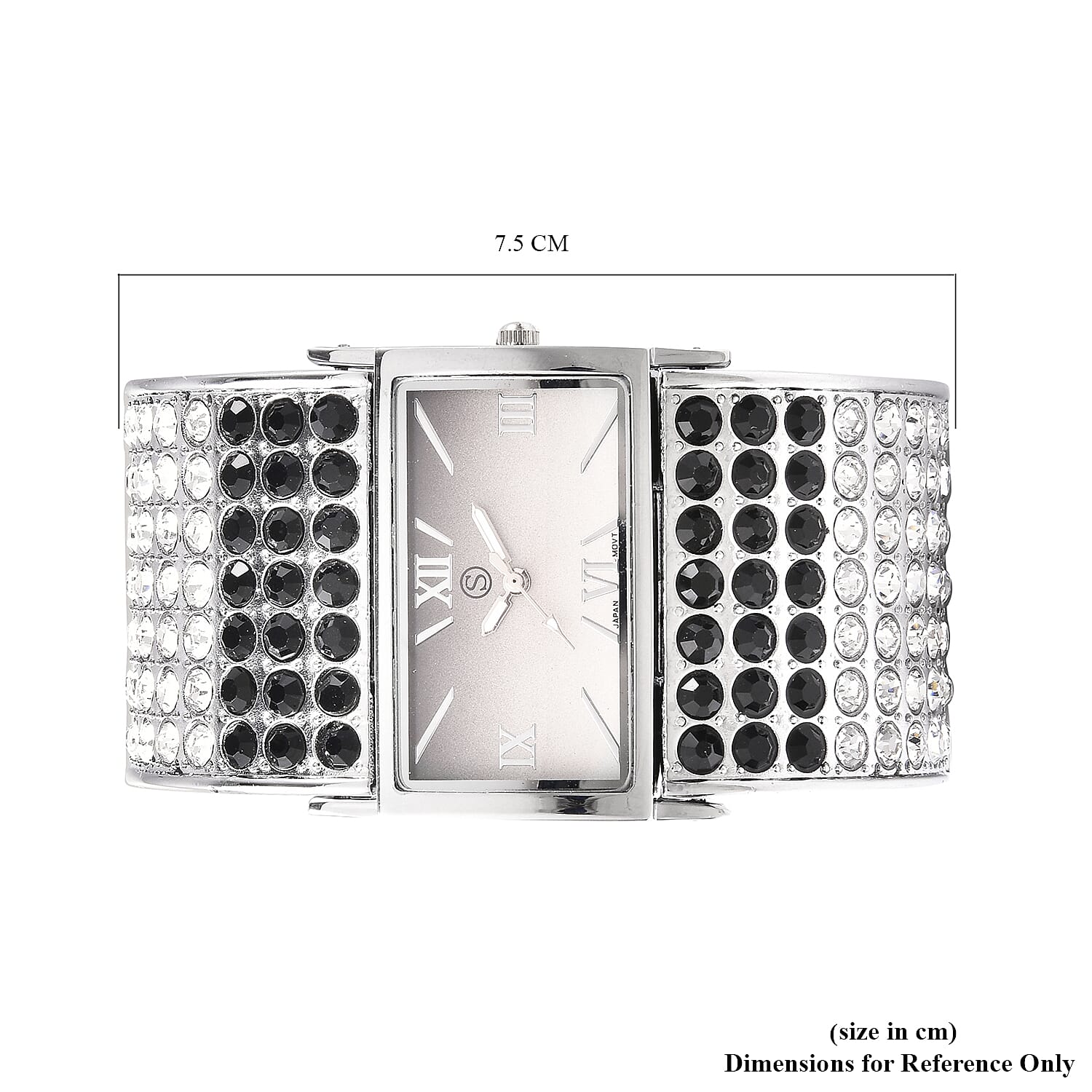 STRADA Japanese Movement Black and White Crystal Bangle Watch (Size 6.5-7) in Silver Tone with Black and White Gradient Dial