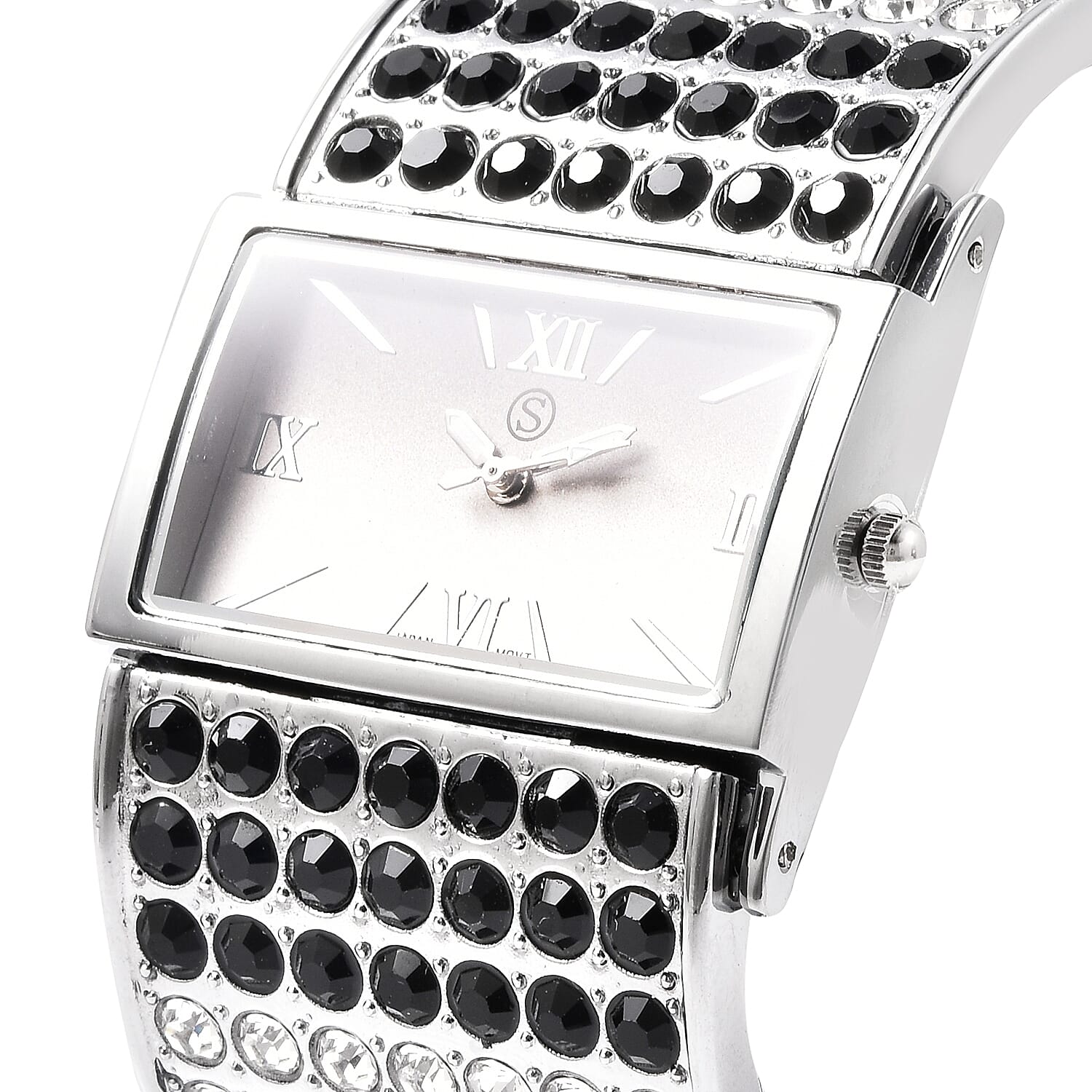 STRADA Japanese Movement Black and White Crystal Bangle Watch (Size 6.5-7) in Silver Tone with Black and White Gradient Dial