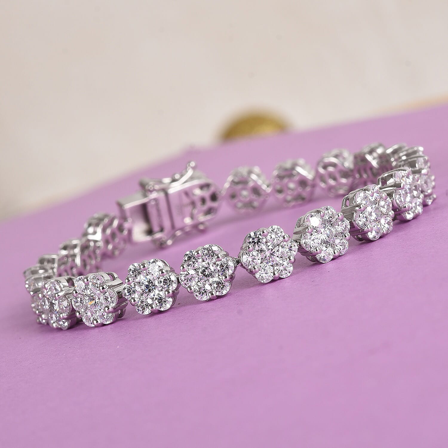 Lustro Stella Platinum Overlay Sterling Silver Bracelet (Size 8) Made with Finest CZ 22.24 Ct, Silver wt 17.60 Gms