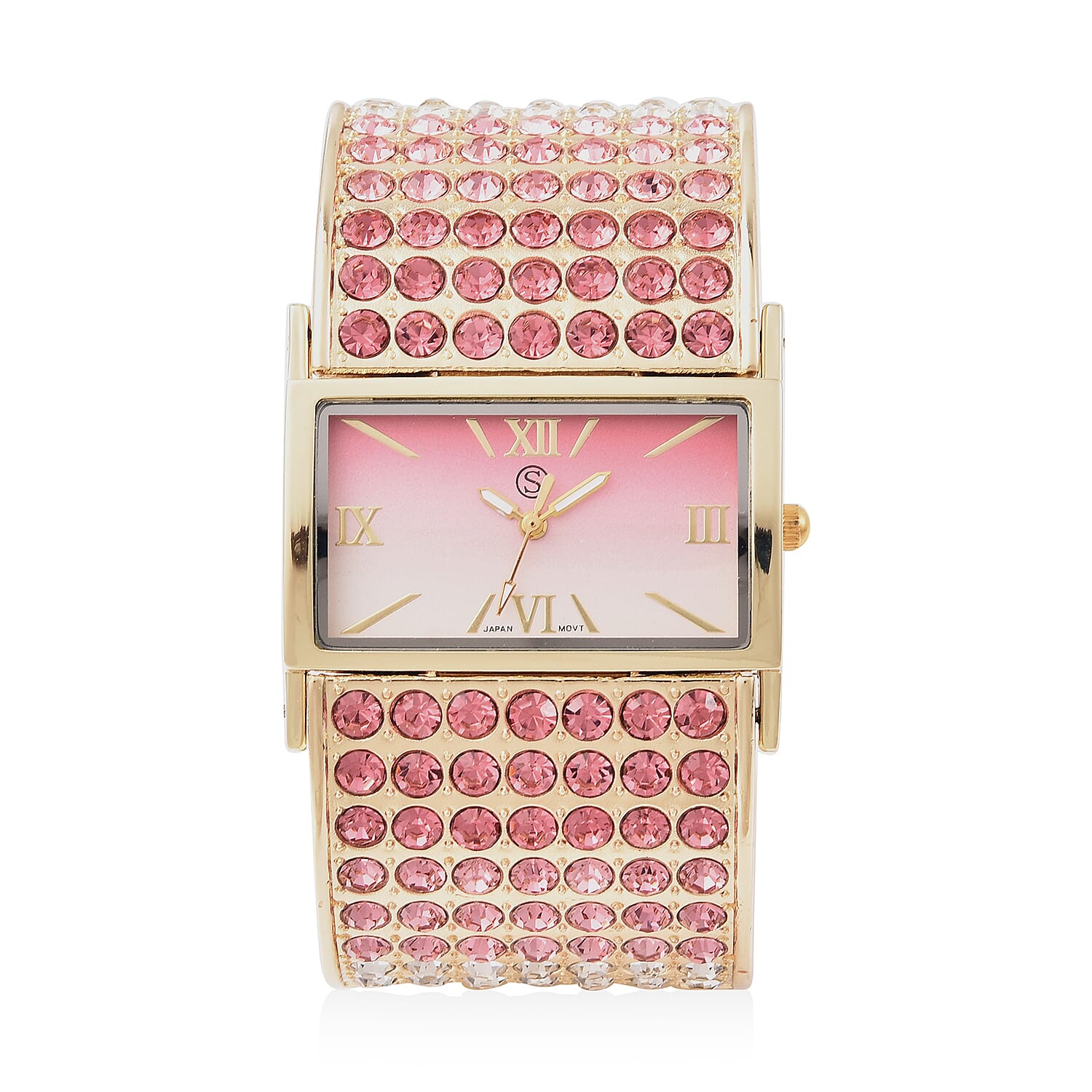 STRADA Japanese Movement Pink, Light Pink and White Crystal Bangle Watch (Size 6.5-7) in Gold Tone with Pink Gradient Dial