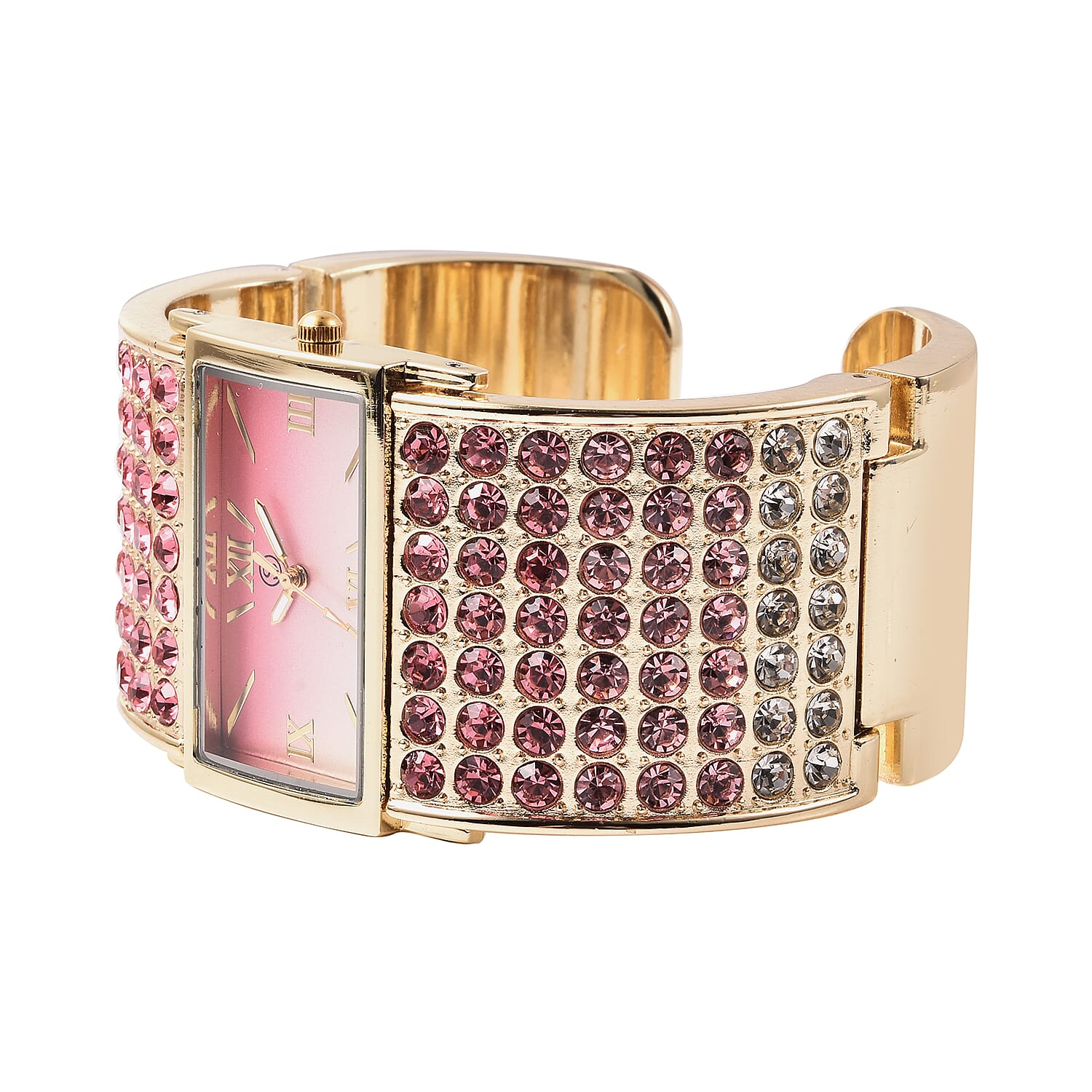 STRADA Japanese Movement Pink, Light Pink and White Crystal Bangle Watch (Size 6.5-7) in Gold Tone with Pink Gradient Dial