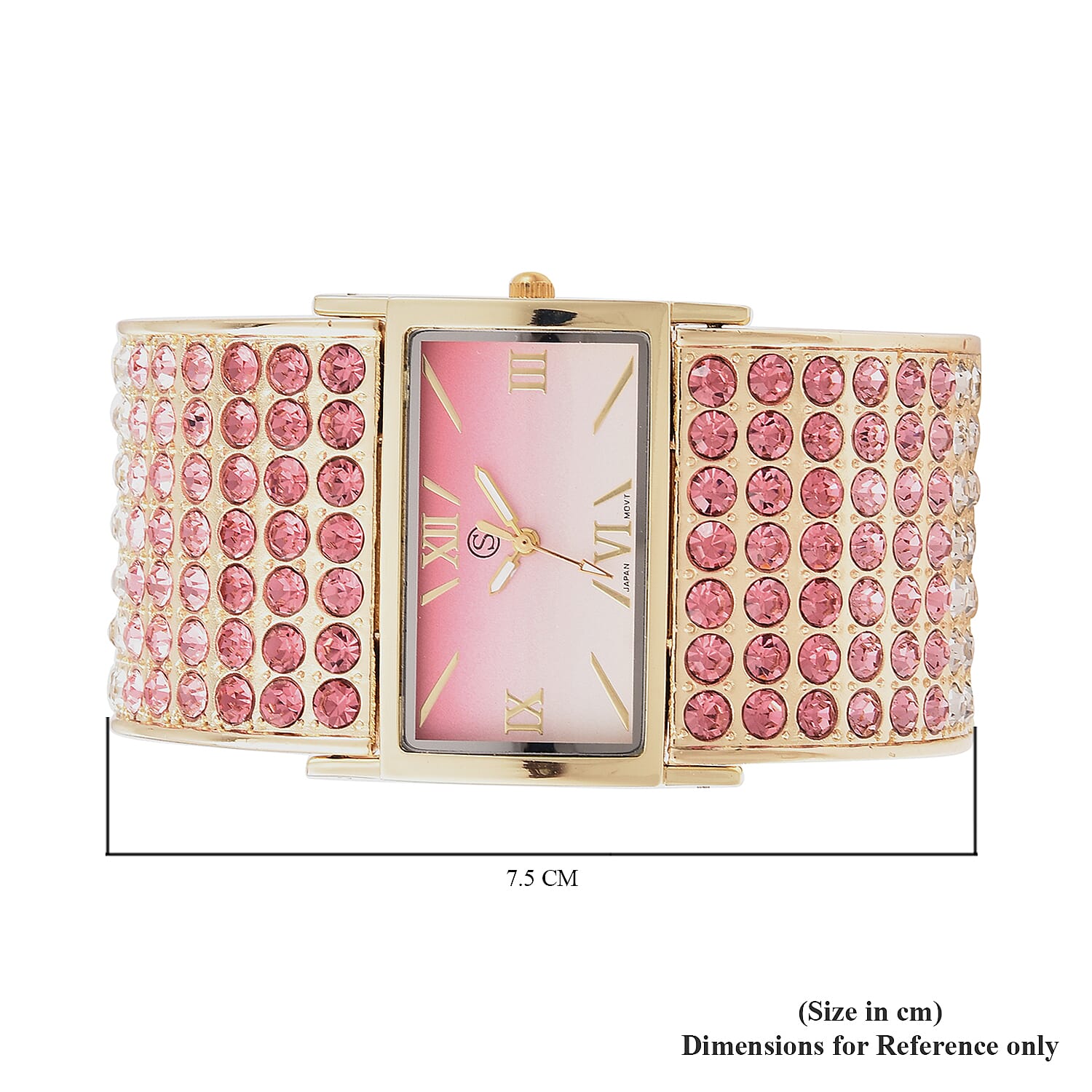 STRADA Japanese Movement Pink, Light Pink and White Crystal Bangle Watch (Size 6.5-7) in Gold Tone with Pink Gradient Dial