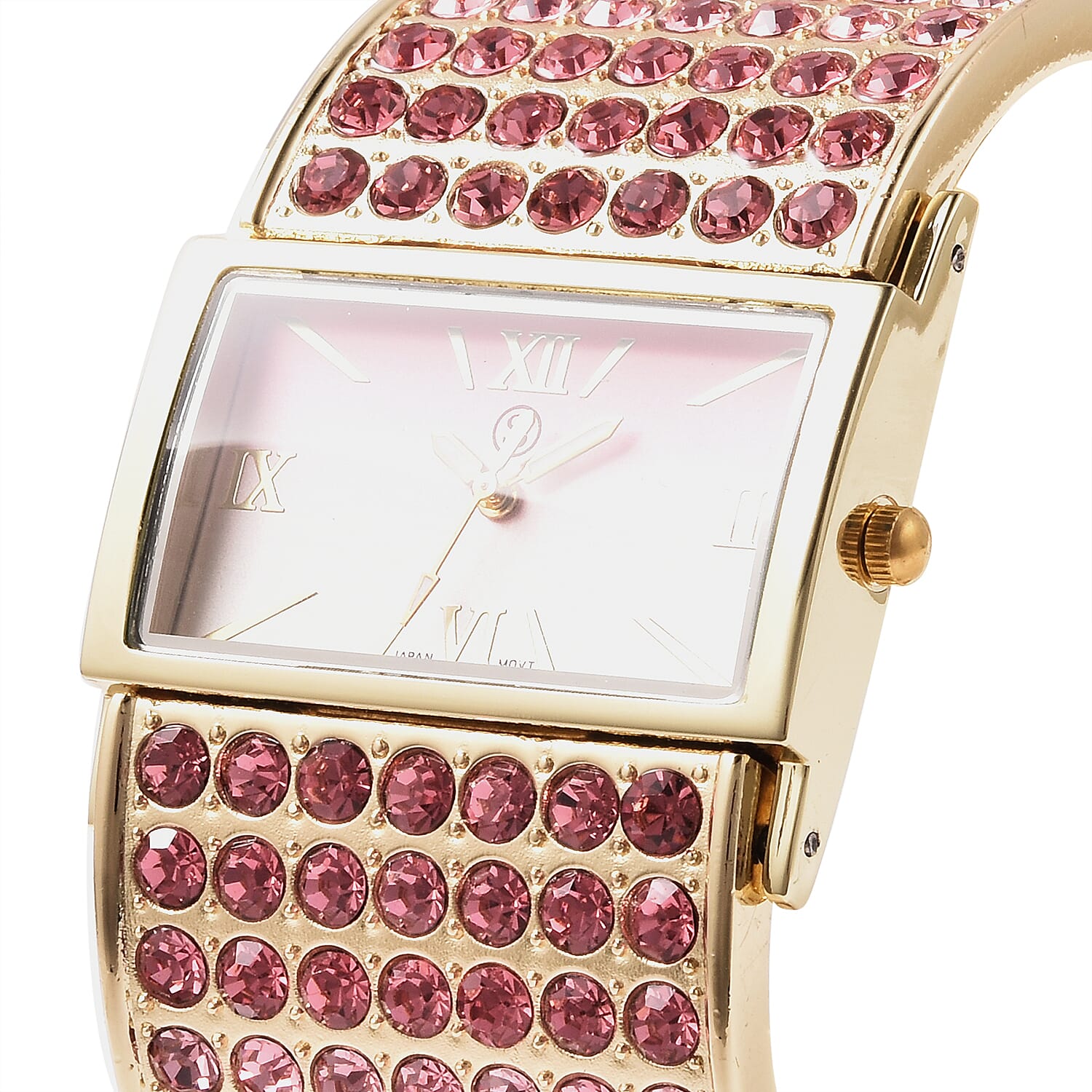 STRADA Japanese Movement Pink, Light Pink and White Crystal Bangle Watch (Size 6.5-7) in Gold Tone with Pink Gradient Dial