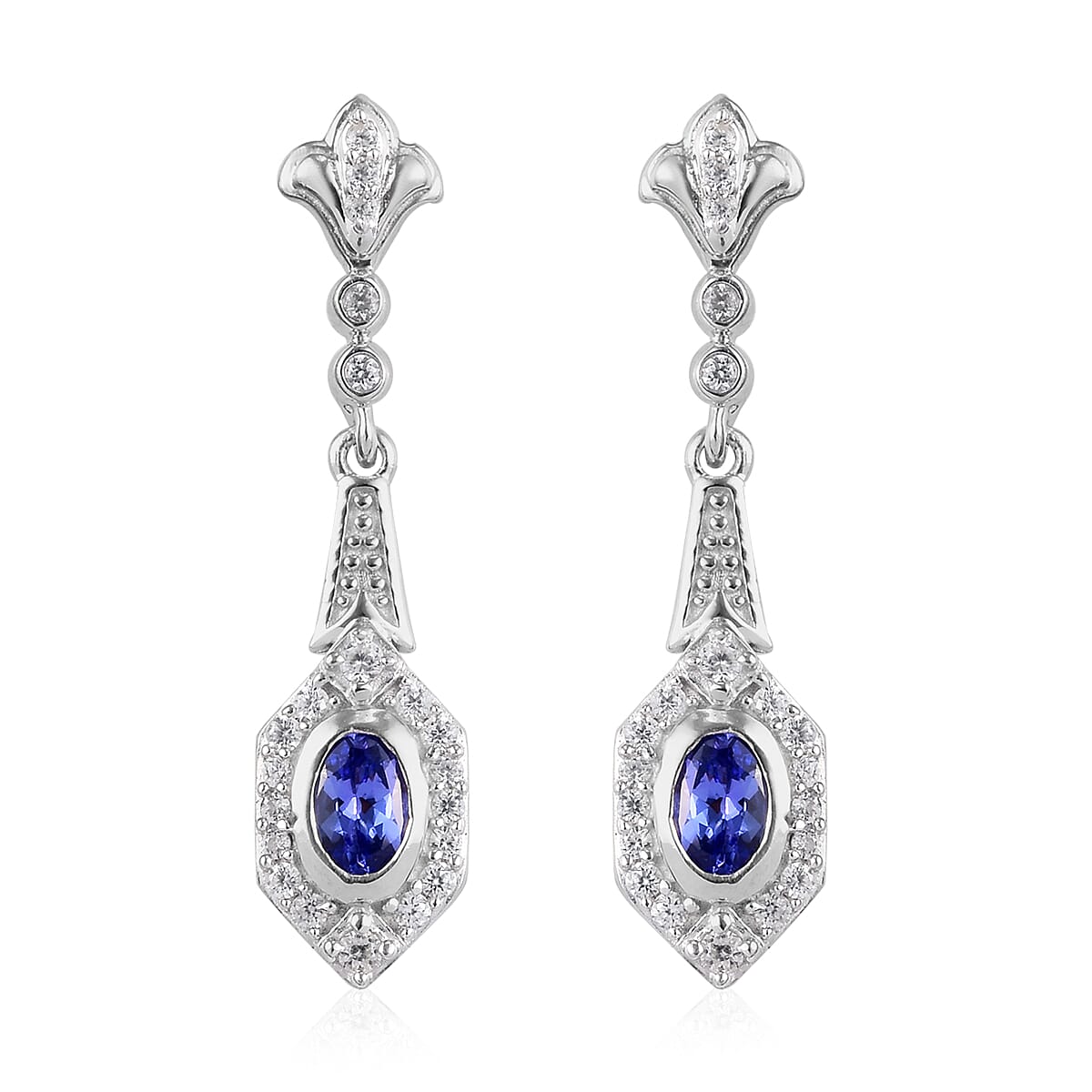 Tanzanite and Natural Cambodian Zircon Dangling Earrings (with Push Back) in Platinum Overlay Sterling Silver 1.00 Ct.