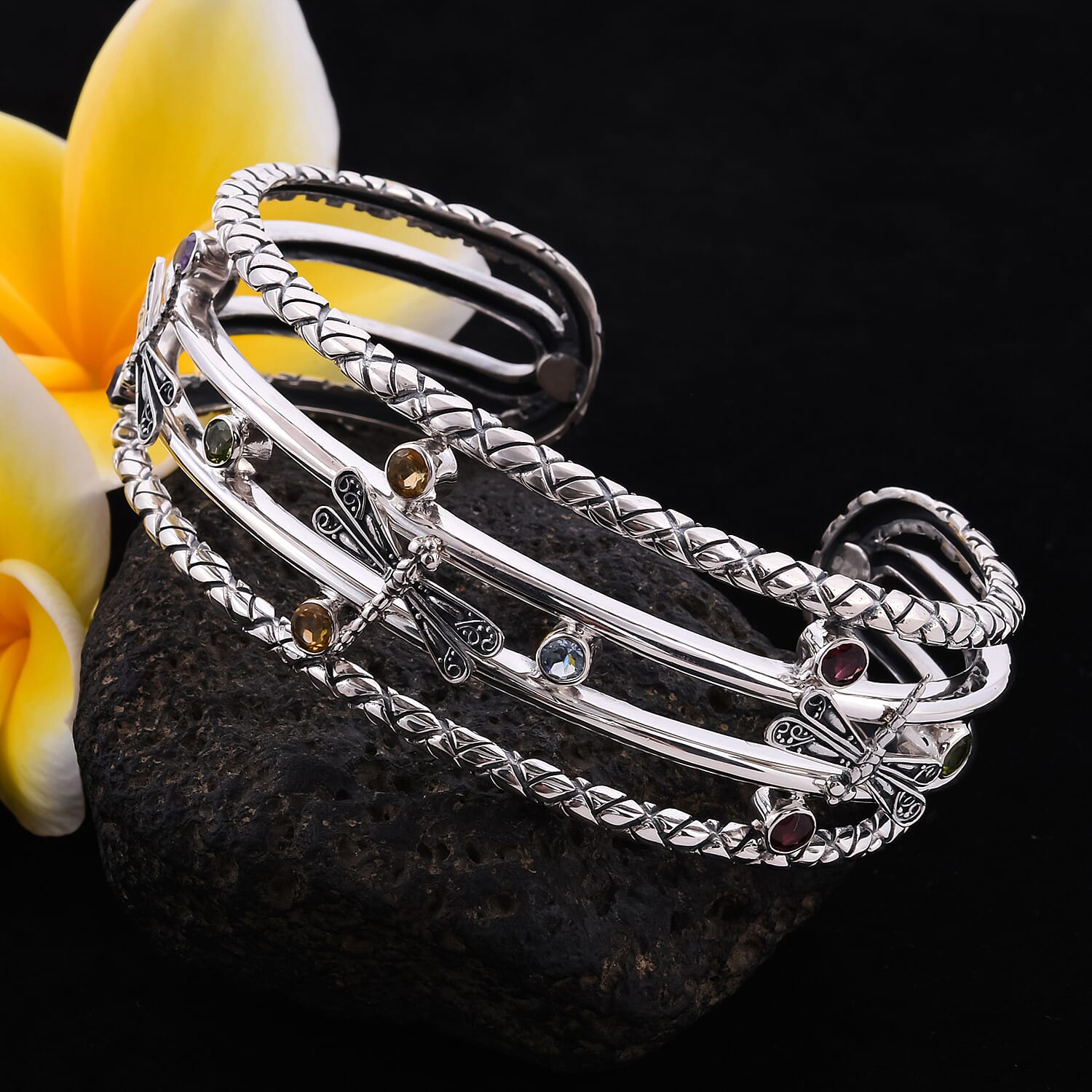 Royal Bali Collection -  Amethyst ,Red Garnet ,Sky Blue Topaz and Multi gemstone Cuff Bangle (Size 7.25) Sterling Siver 2.82 Ct, Silver Wt 42.8 Gms