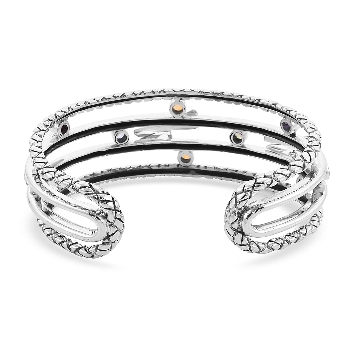 Royal Bali Collection -  Amethyst ,Red Garnet ,Sky Blue Topaz and Multi gemstone Cuff Bangle (Size 7.25) Sterling Siver 2.82 Ct, Silver Wt 42.8 Gms