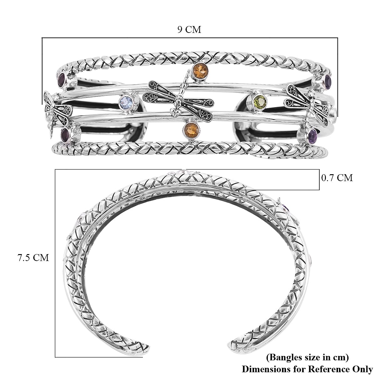 Royal Bali Collection -  Amethyst ,Red Garnet ,Sky Blue Topaz and Multi gemstone Cuff Bangle (Size 7.25) Sterling Siver 2.82 Ct, Silver Wt 42.8 Gms