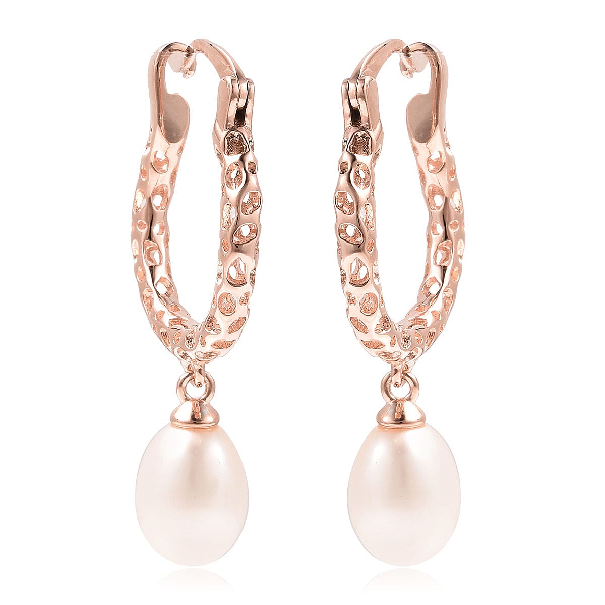 RACHEL GALLEY Lattice Collection - Freshwater White Pearl Drop Hoop Earrings (with Clasp) in Rose Gold Overlay Sterling Silver