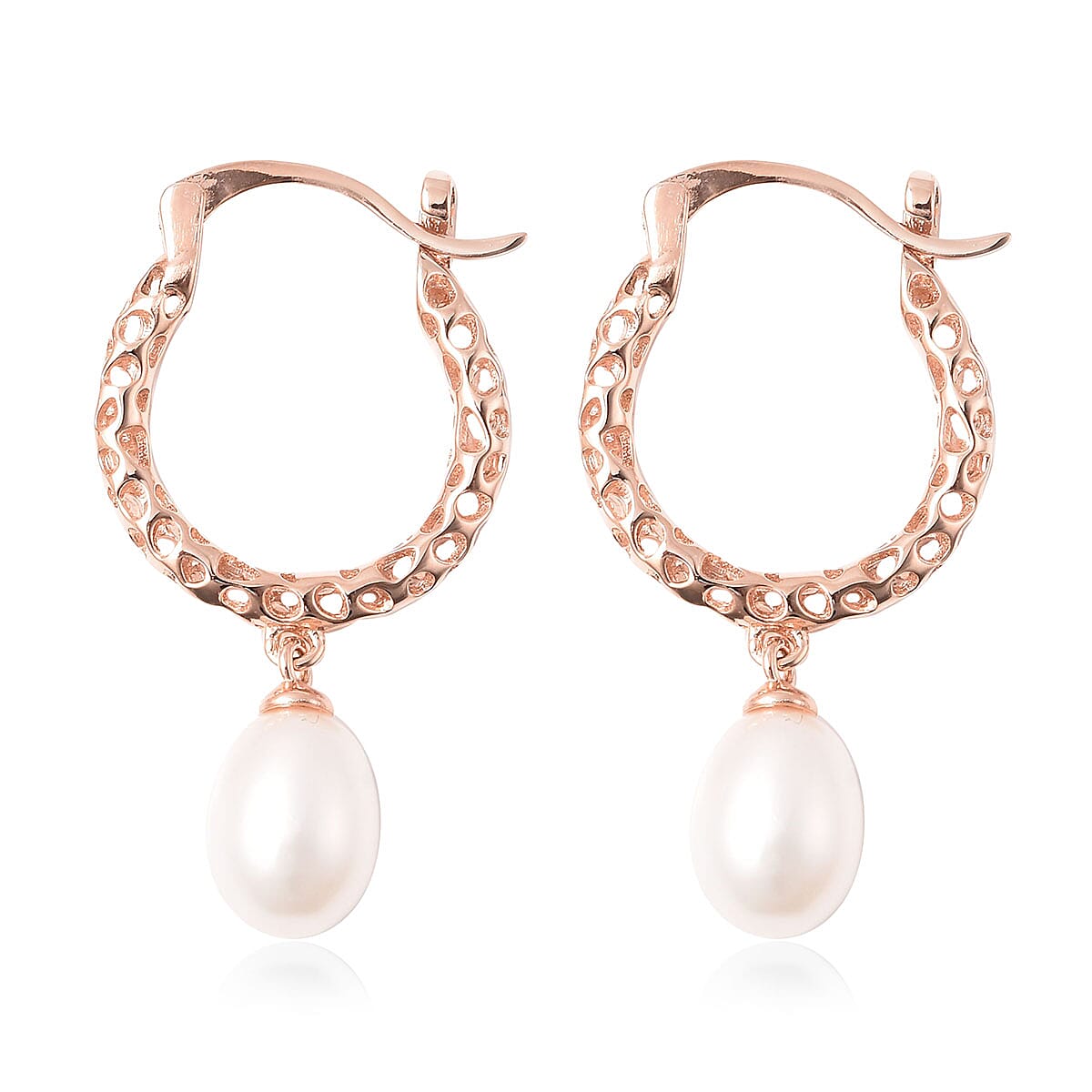 RACHEL GALLEY Lattice Collection - Freshwater White Pearl Drop Hoop Earrings (with Clasp) in Rose Gold Overlay Sterling Silver