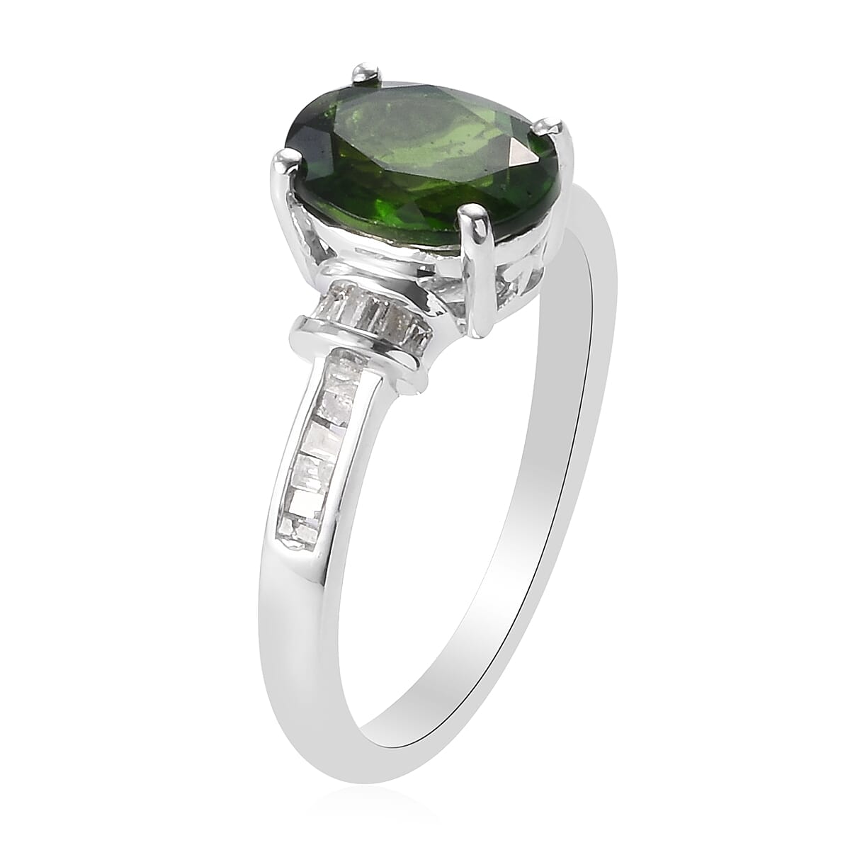Chrome Diopside(Ovl 9x7) and Diamond Ring in Platinum Overlay Sterling Silver 2.00 Ct.