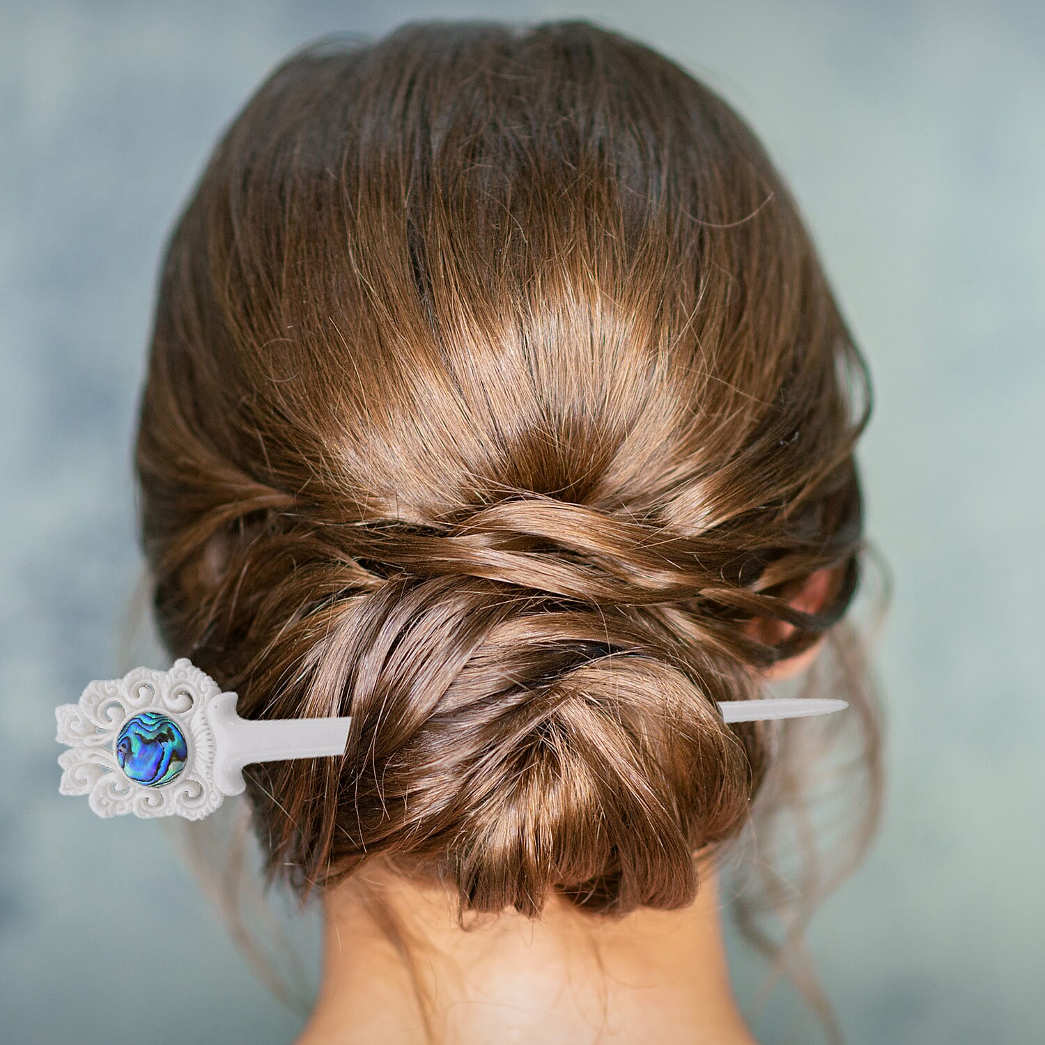 Bali Collection - Carved Bone Craft Hair Bun Holder (Size-15x3Cm) - White and Blue